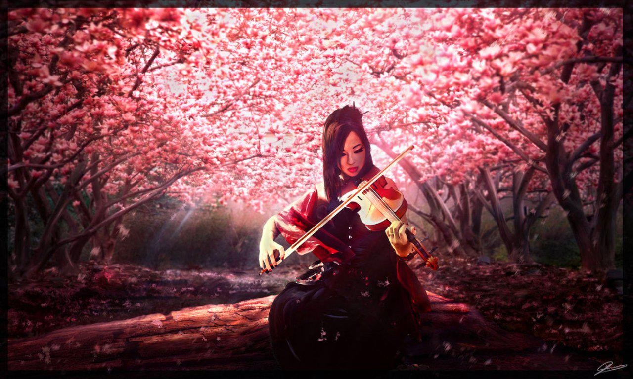 General 1280x768 geisha violin women Asian women outdoors musical instrument artwork trees cherry blossom