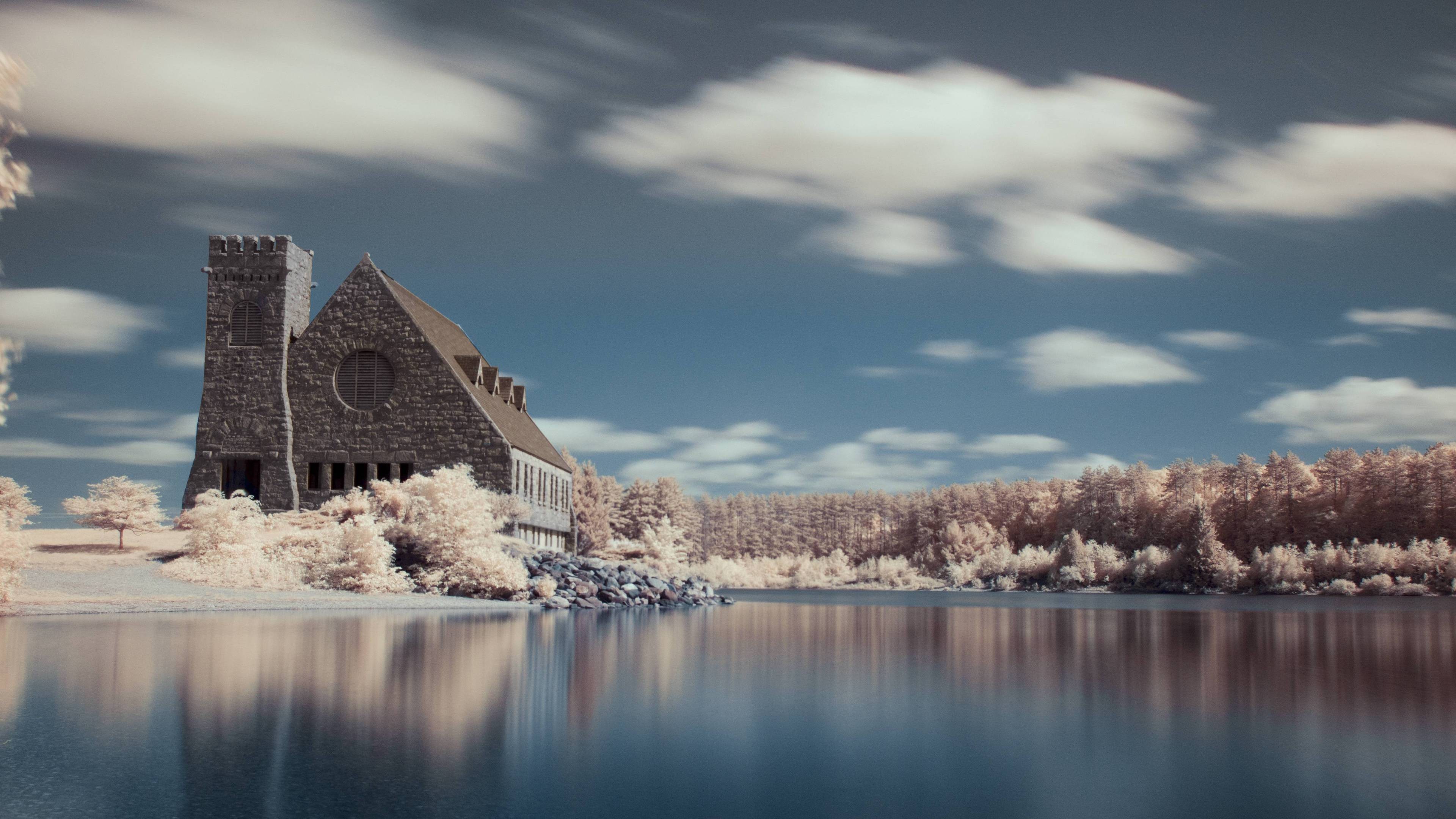 General 3840x2160 lake mansions house old building building white clouds long exposure sky snow forest calm water architecture surreal