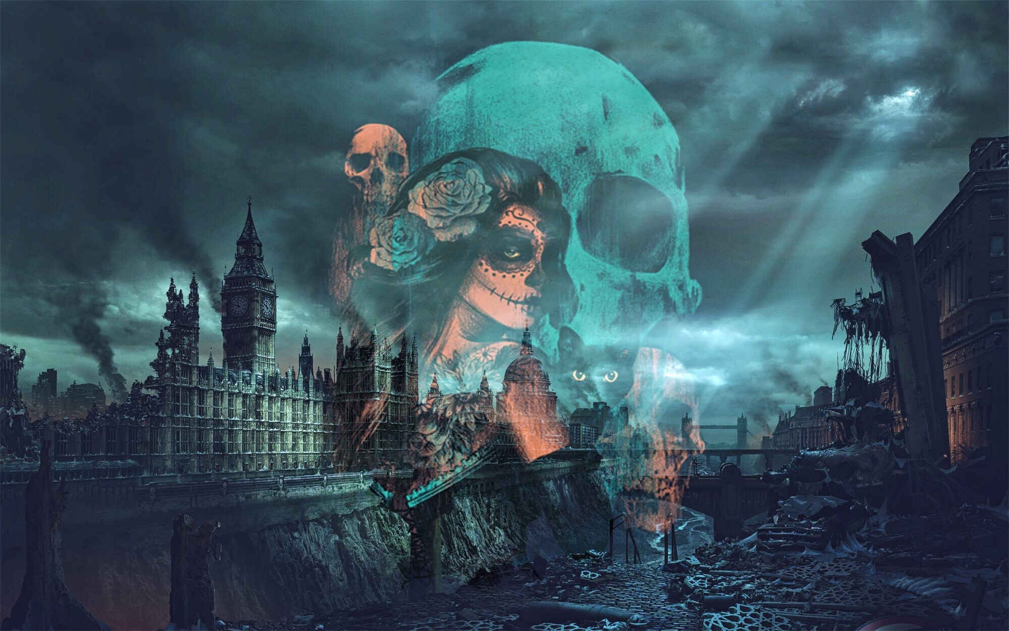 General 2000x1250 London Sugar Skull artwork creepy painting Dia de los Muertos women ruins UK England skull digital art