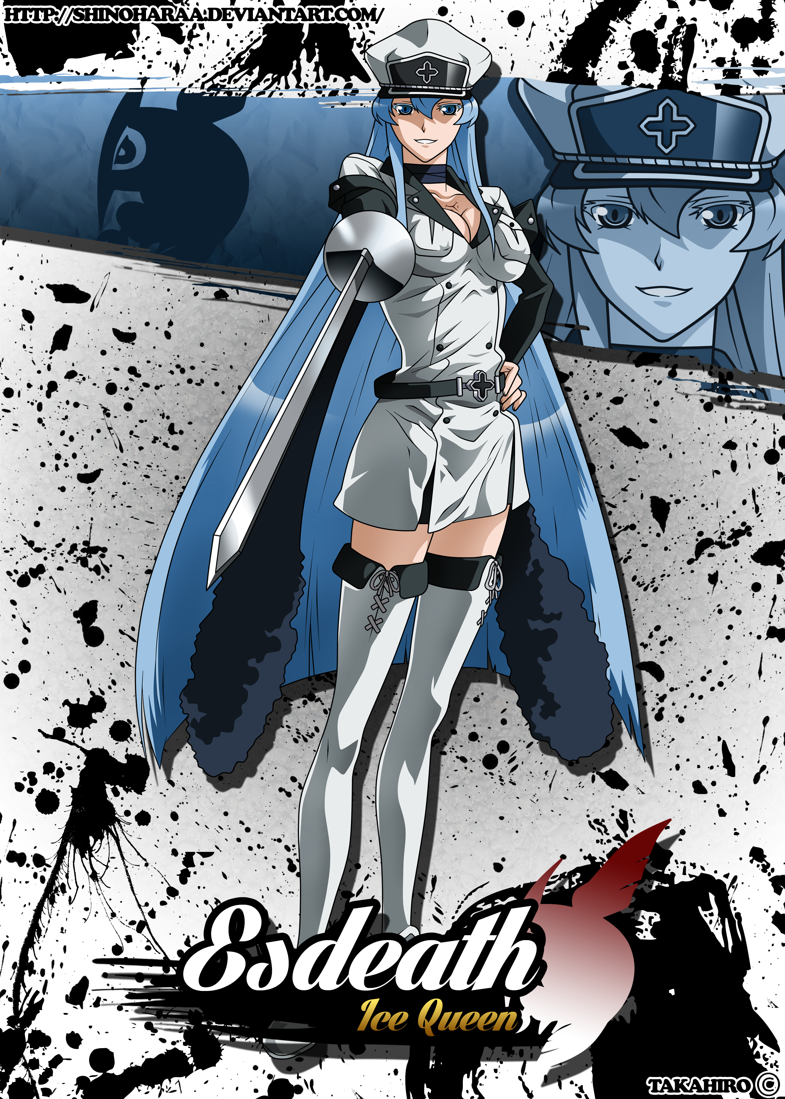 Anime 2500x3500 Esdeath (Akame Ga Kill!) Akame ga Kill! anime anime girls hat blue hair boobs big boobs cleavage women with swords weapon uniform standing long hair women with hats blue eyes
