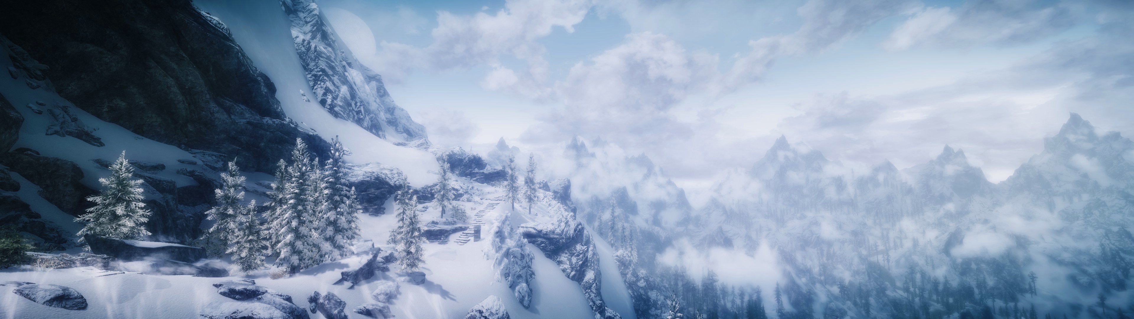 General 3840x1080 The Elder Scrolls V: Skyrim multiple display landscape snow mountains screen shot video games PC gaming RPG nature