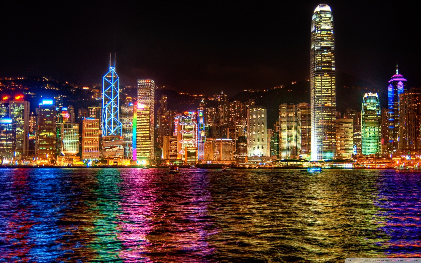 General 1680x1050 skyline night city cityscape city lights Hong Kong China colorful reflection water Asia