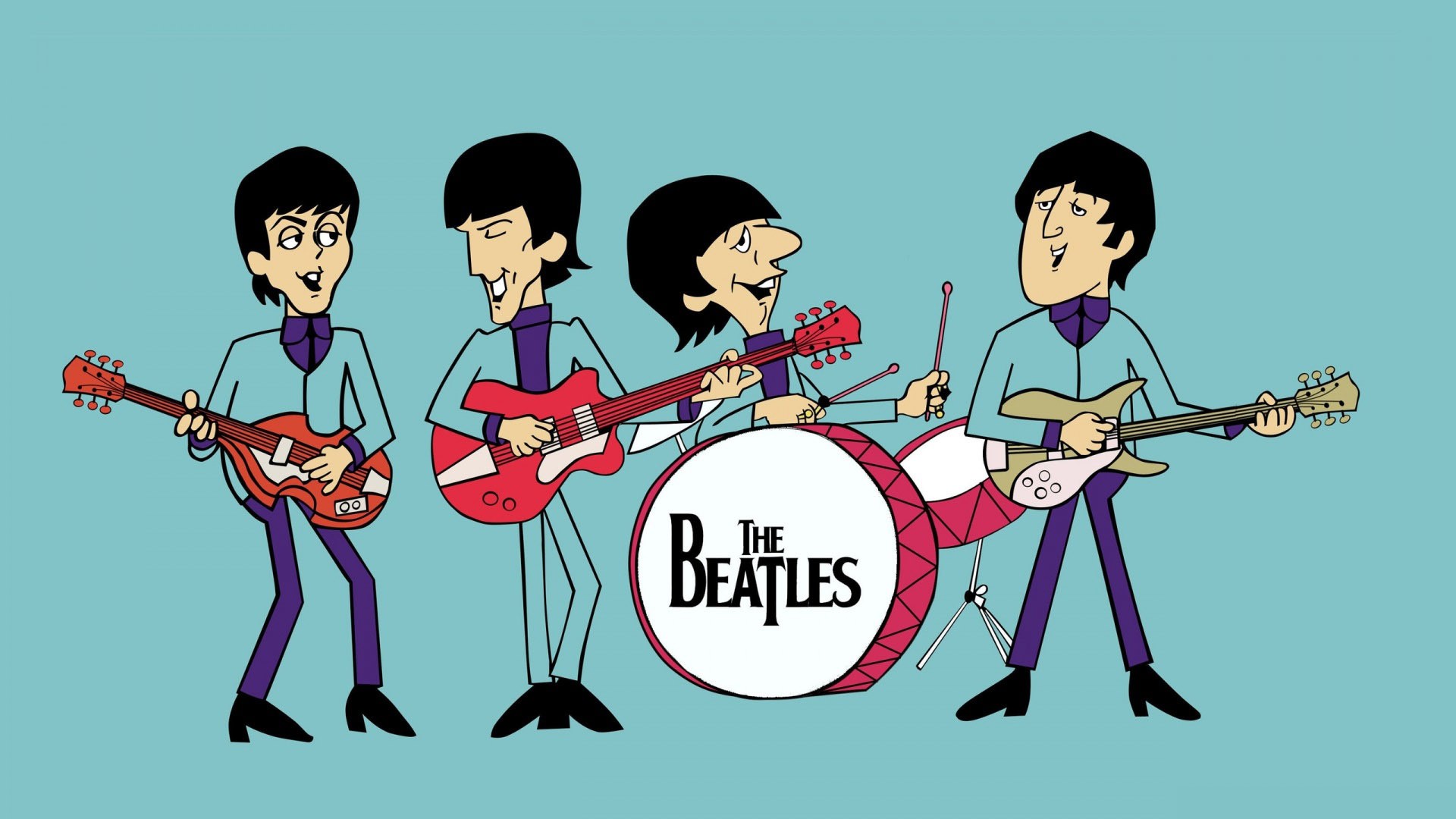 General 1920x1080 musician singer The Beatles cartoon blue background guitar drums John Lennon Paul McCartney George Harrison Ringo Starr legend music cyan cyan background