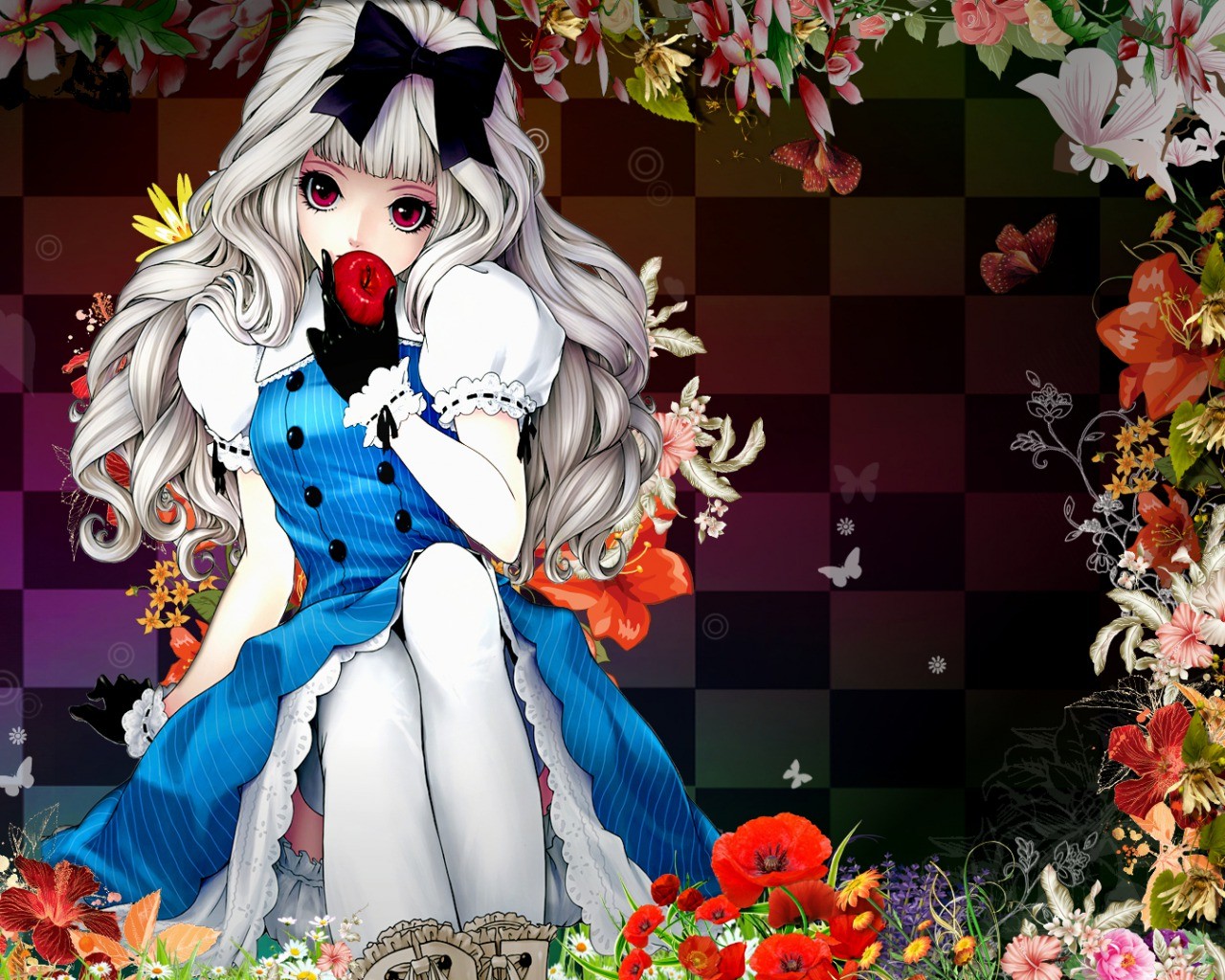 Anime 1280x1024 anime girls anime red eyes fantasy girl flowers dress legs together long hair ash blonde food fruit apples looking at viewer