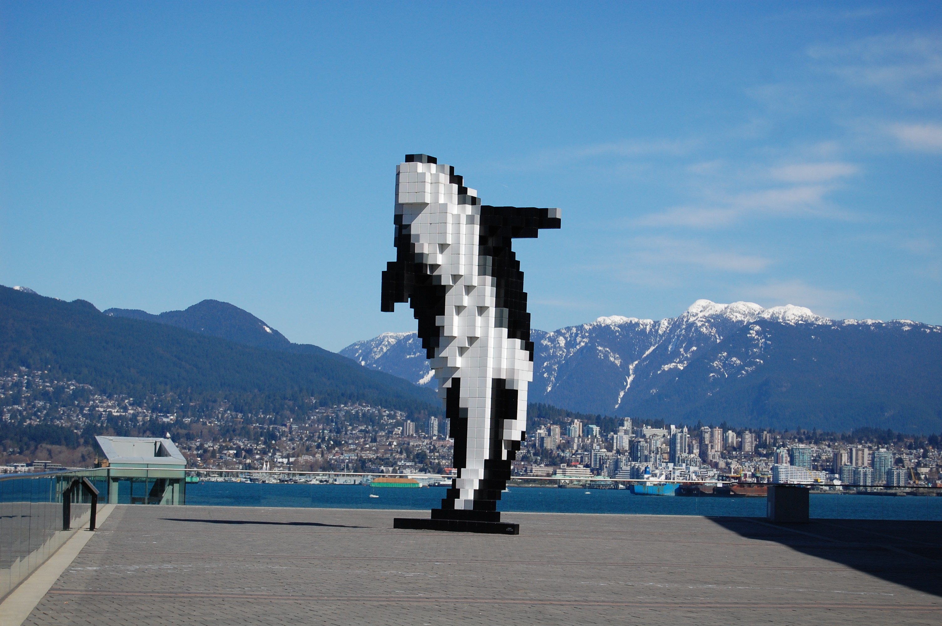 General 3008x2000 pixels pixel art street water mountains sculpture building nature clouds forest cube whale Vancouver 3D Blocks Canada orca