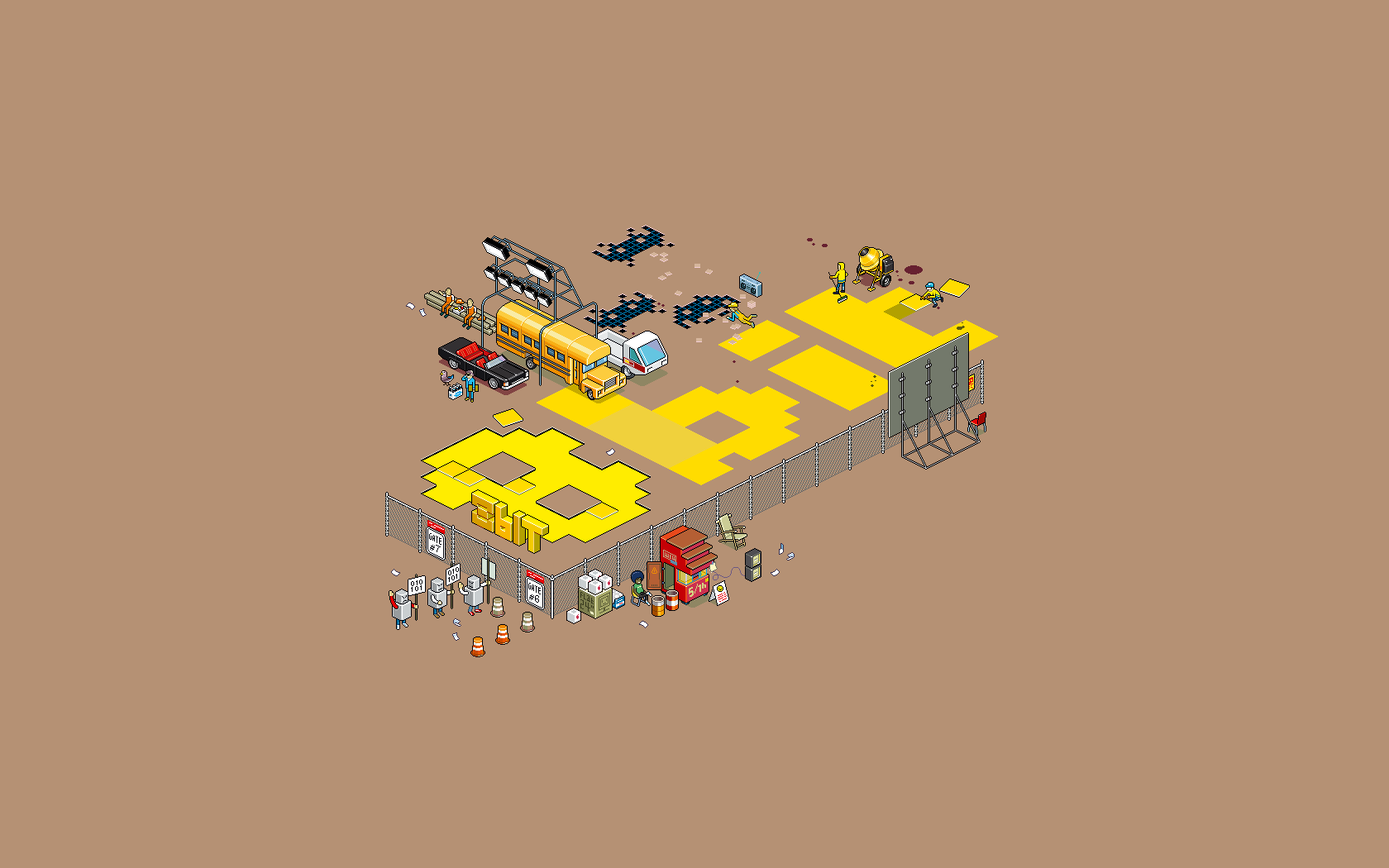 General 1680x1050 pixels pixel art workers 8-bit car Space Invaders protestors CGI simple background beige video game art artwork
