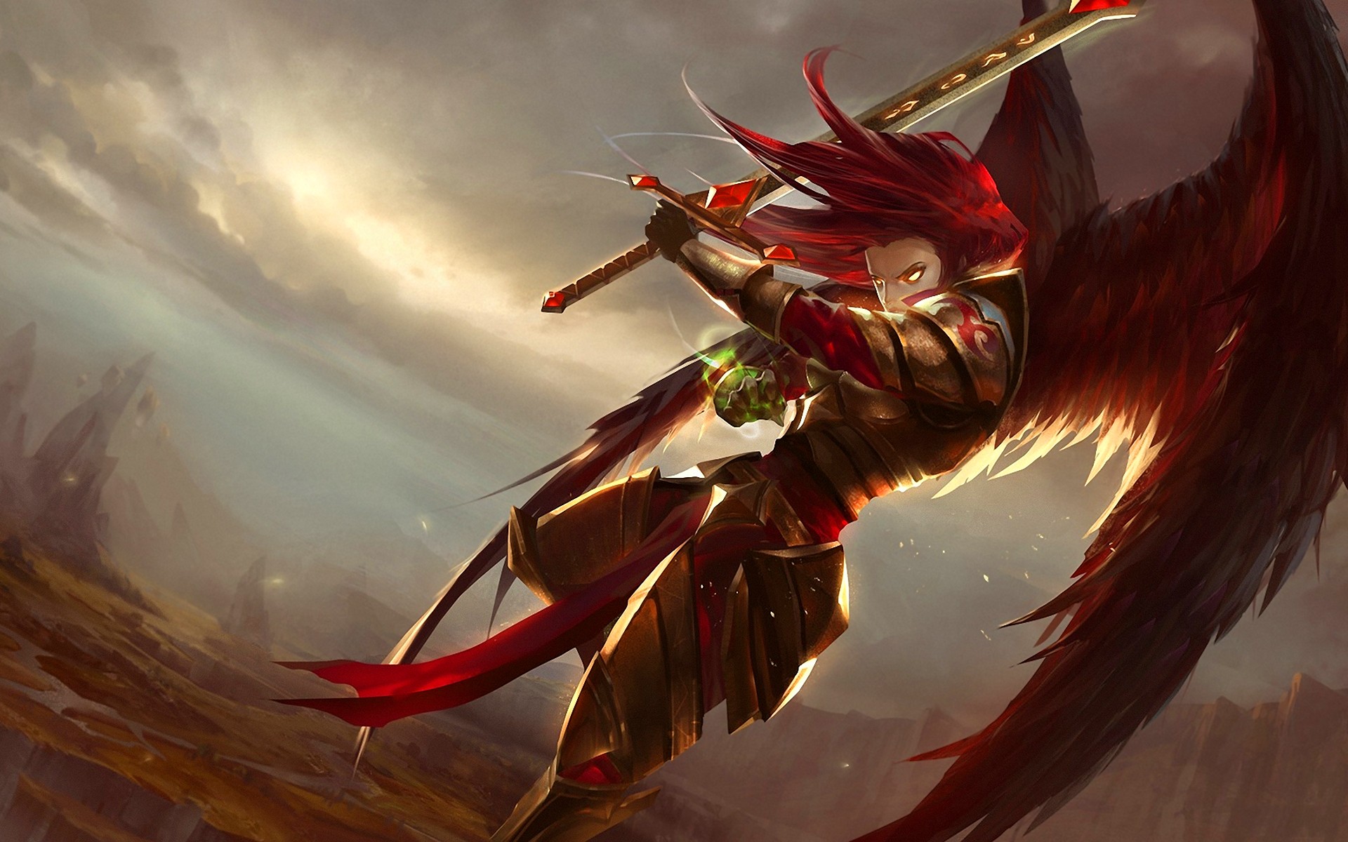 Anime 1920x1200 League of Legends redhead wings fantasy art Kayle (League of Legends) PC gaming video game art sword weapon glowing eyes yellow eyes