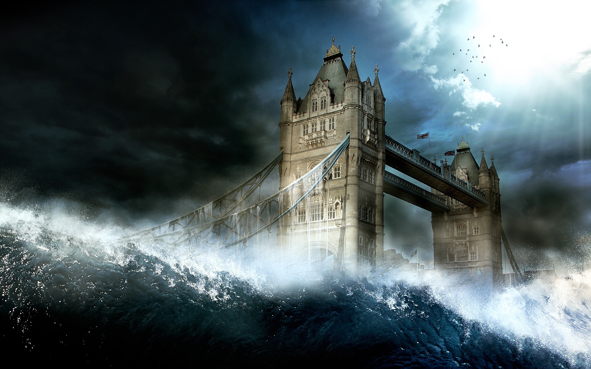 General 1920x1200 clouds bridge waves sunlight Tower Bridge London apocalyptic England UK digital art