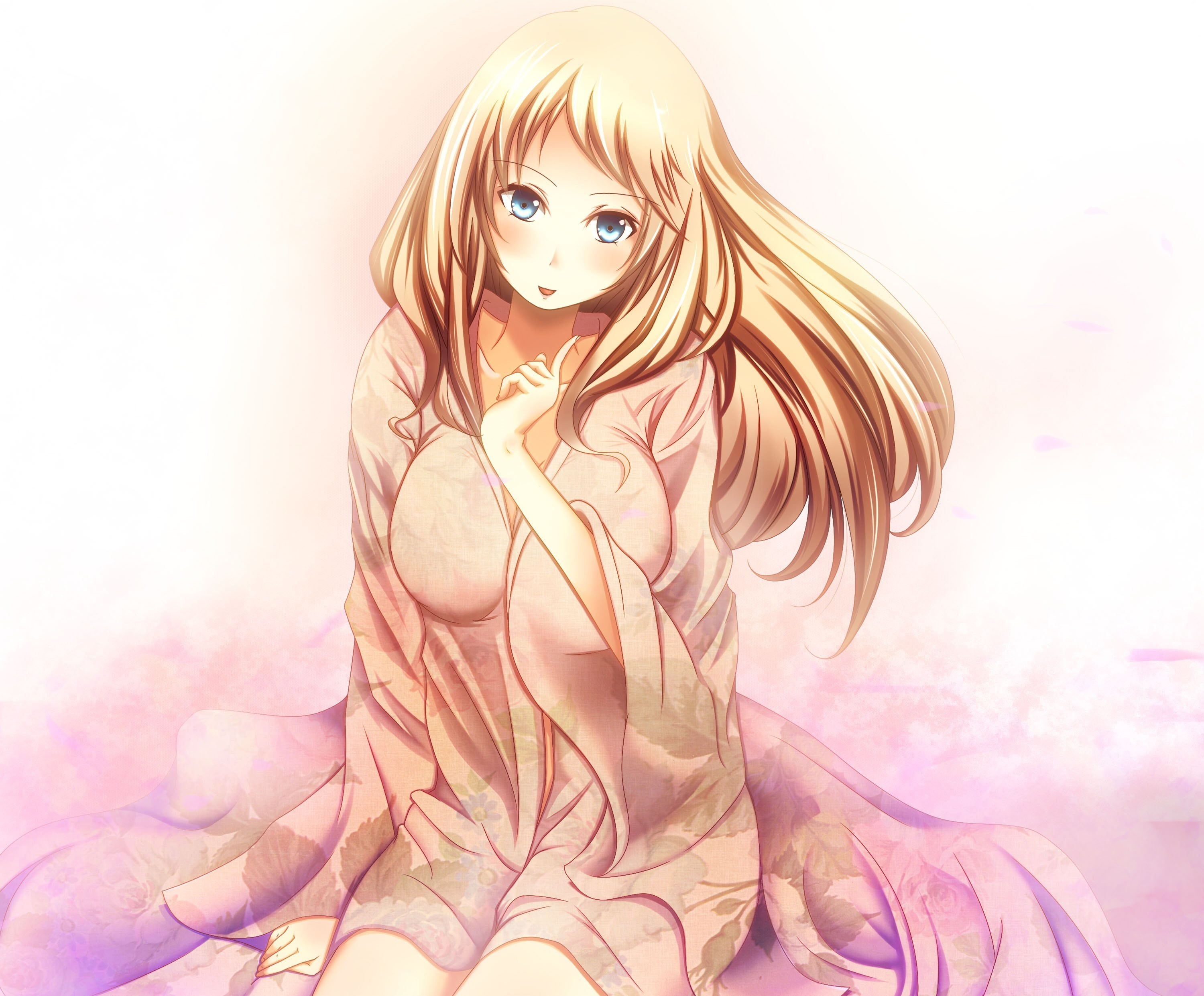 Anime 3000x2482 anime girls blonde blue eyes original characters boobs aqua eyes long hair simple background white background sitting looking at viewer