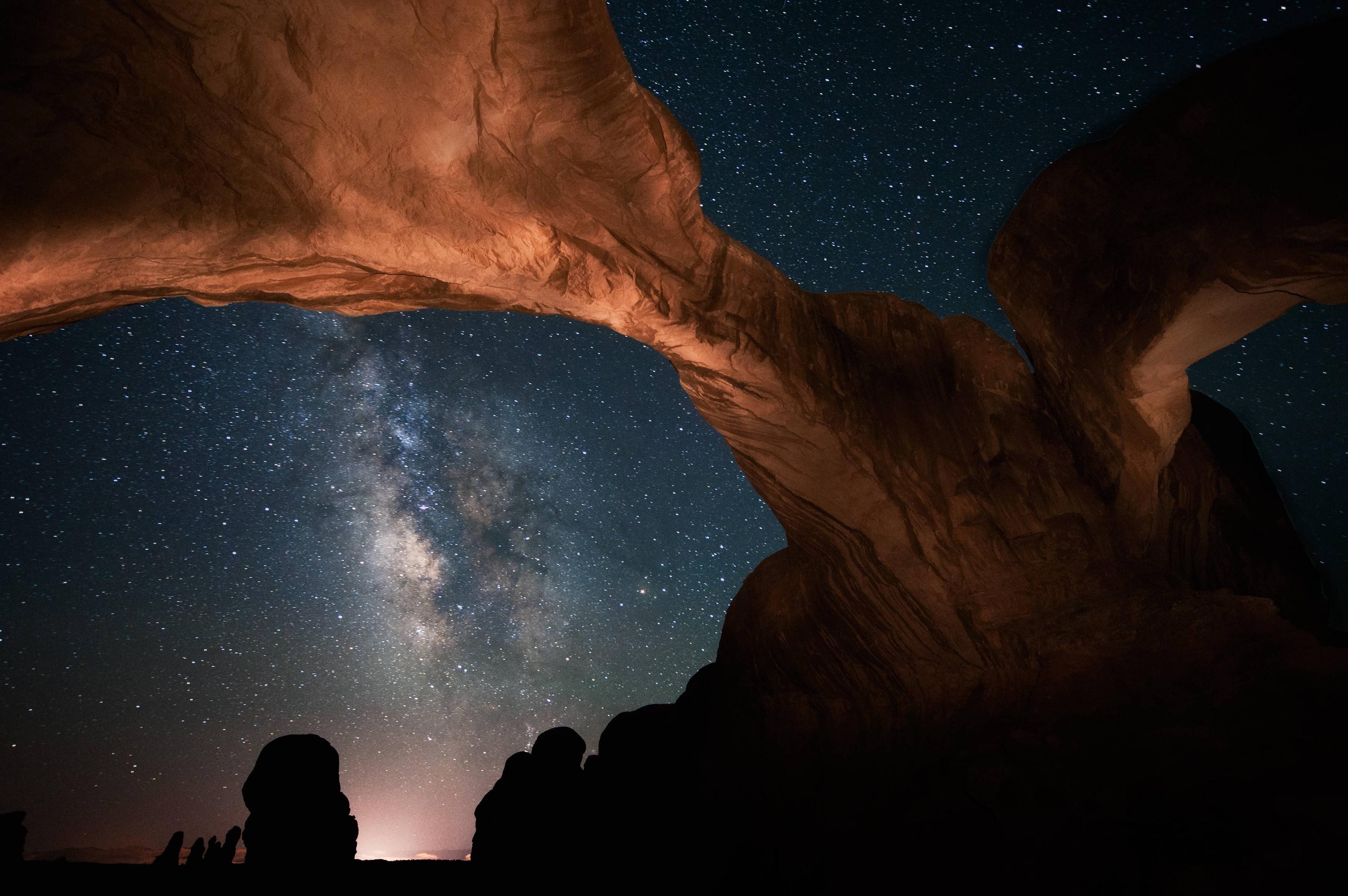 General 3158x2100 space nebula arch night Milky Way rock formation nature landscape silhouette Arches National Park starry night Utah USA