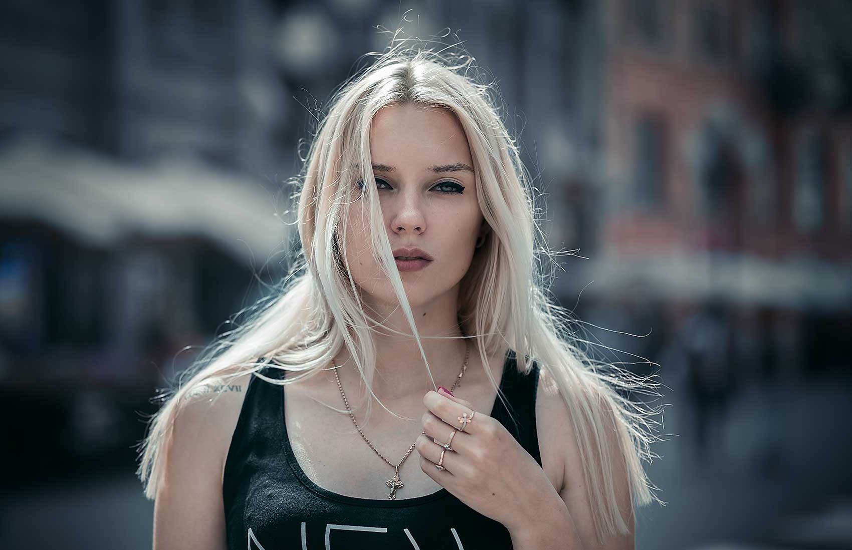 People 1700x1098 women model face portrait blonde urban women outdoors hair in face rings necklace