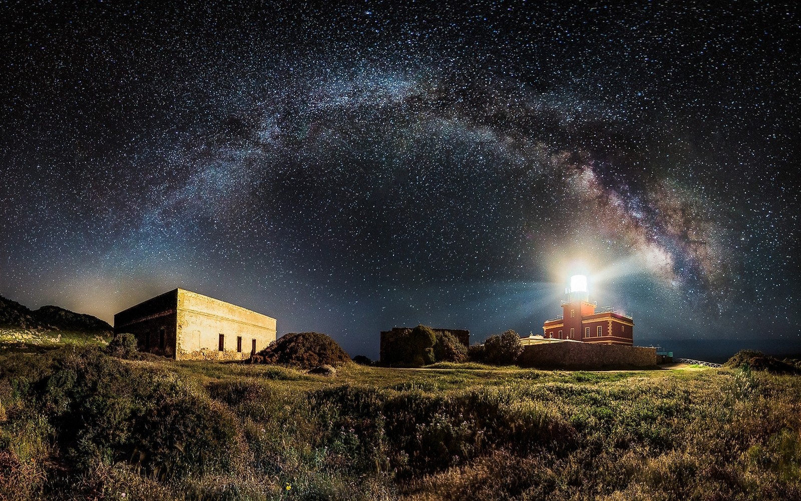 General 1600x1000 nature landscape lighthouse Milky Way starry night space universe galaxy grass shrubs long exposure
