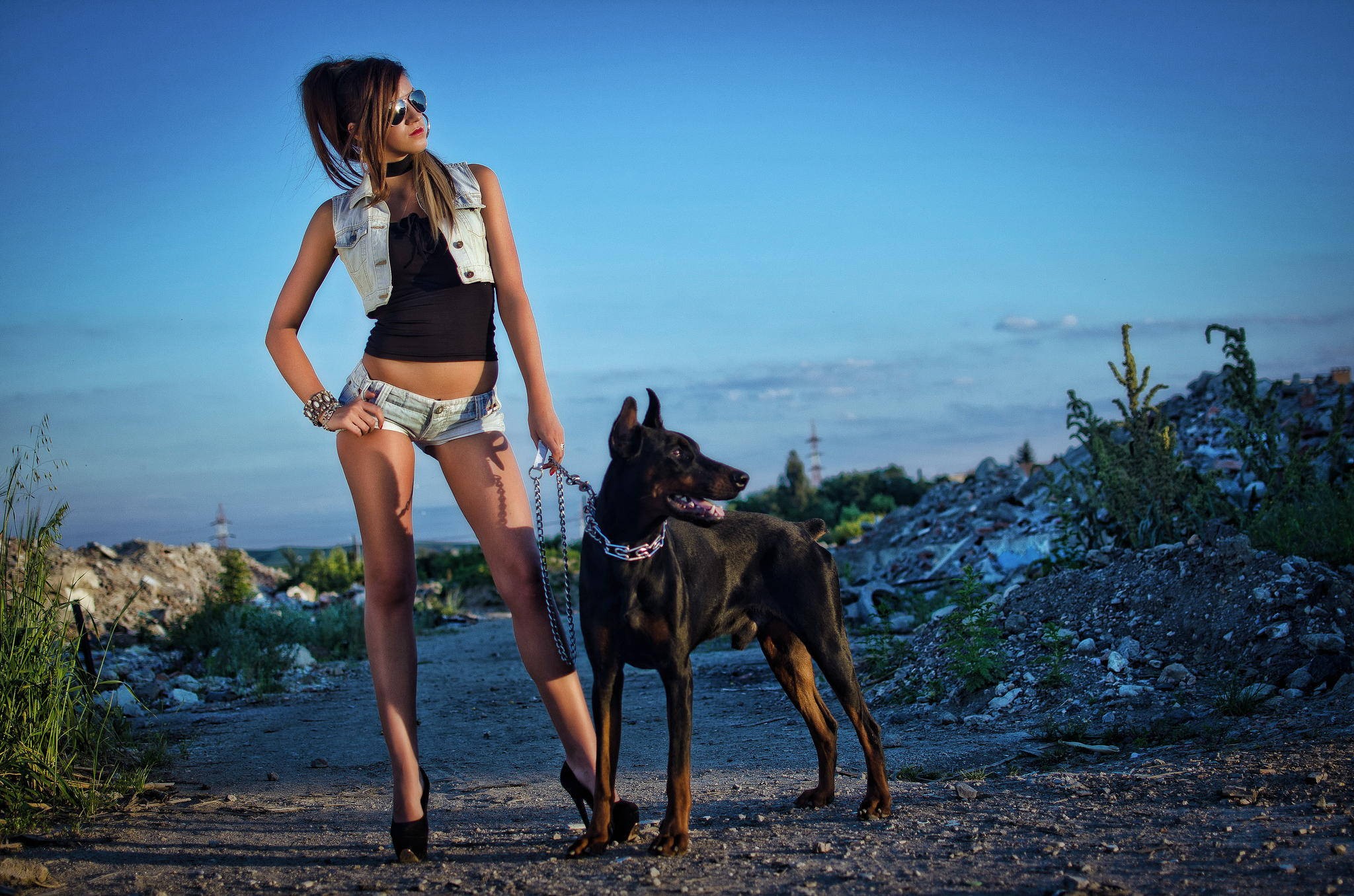 People 2048x1356 women model jean shorts skinny high heels dog Doberman Pinscher women with shades women with dogs animals mammals legs sunglasses