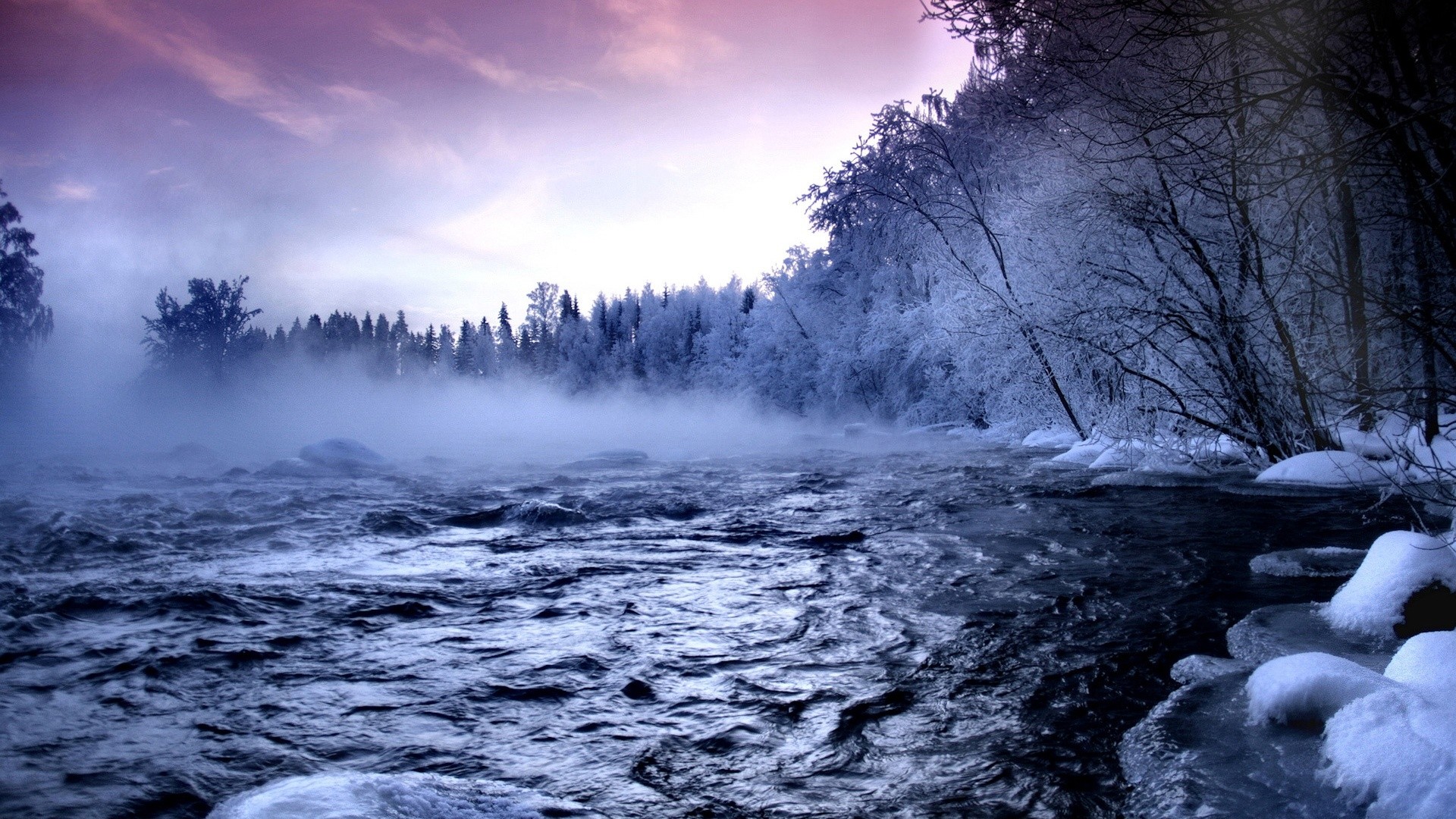 General 1920x1080 landscape mist forest snow river nature winter water trees