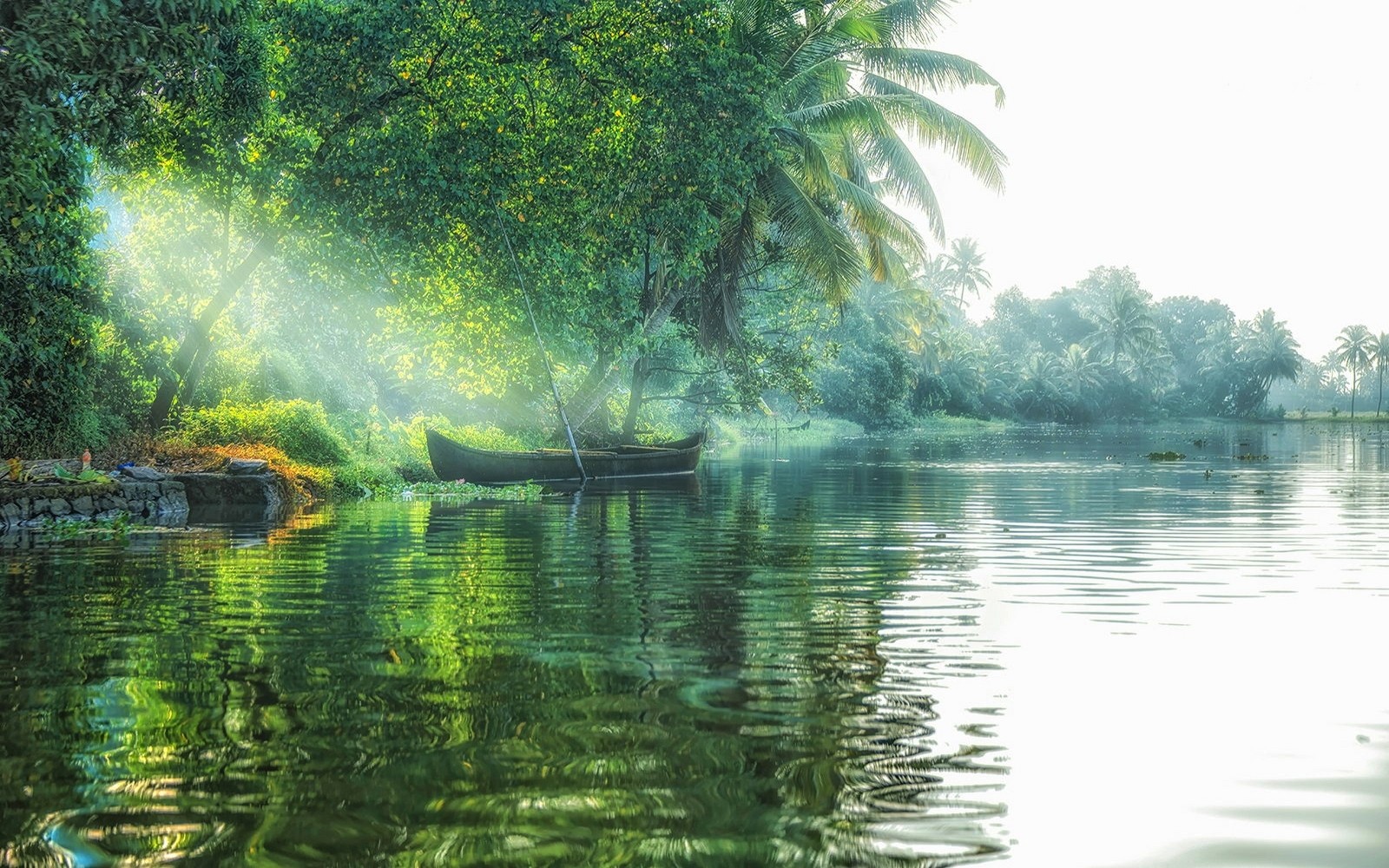 General 1600x1000 landscape nature lake sun rays boat trees palm trees mist green tropical water