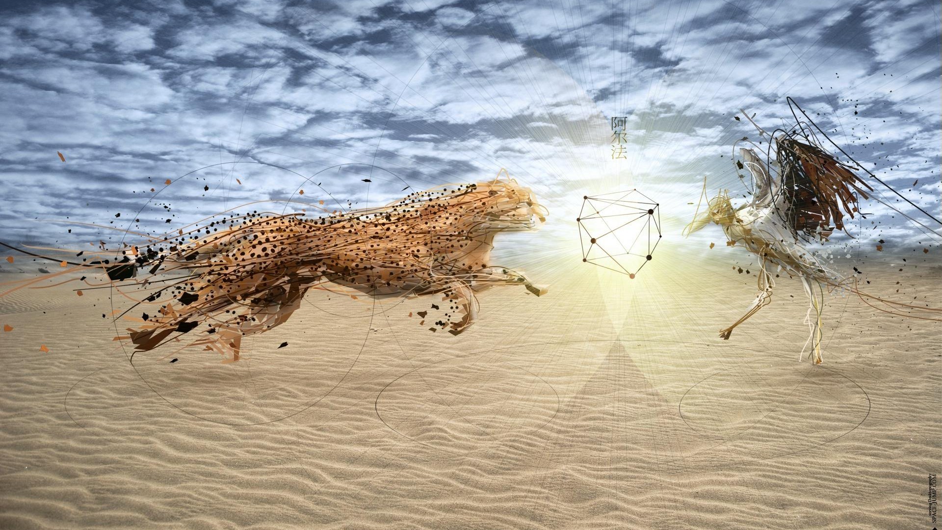 General 1920x1080 wireframe digital art sand clouds nature photo manipulation desert low poly wavy lines dots sun rays artwork circle CGI vector abstract 3D Abstract sky