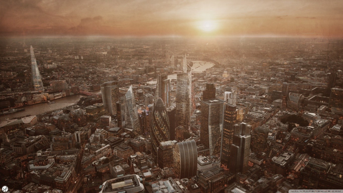 General 1366x768 London city cityscape low saturation aerial view UK England sunlight panorama