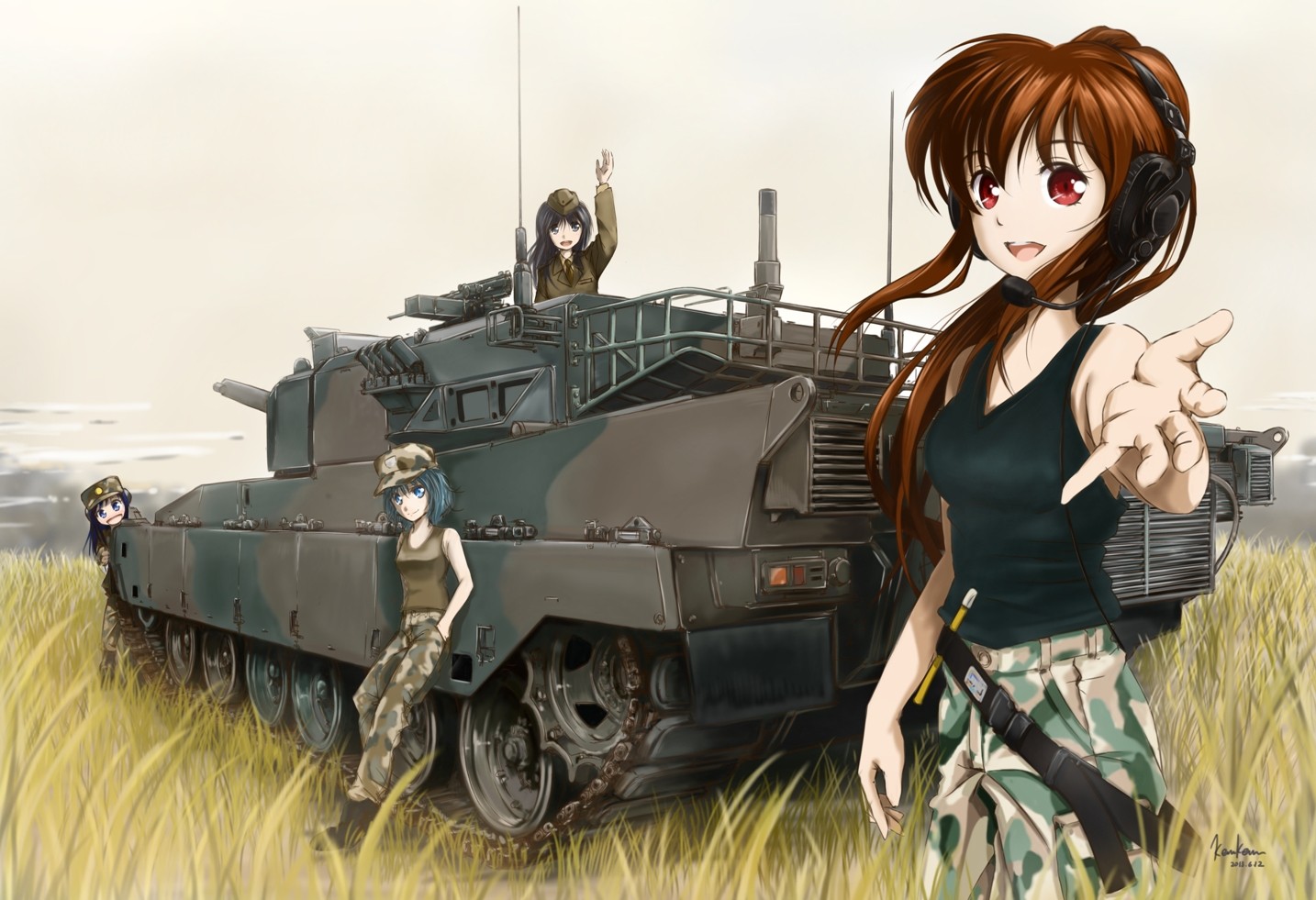 Anime 1434x981 anime anime girls tank army girl tank top original characters vehicle military vehicle red eyes long hair group of women military