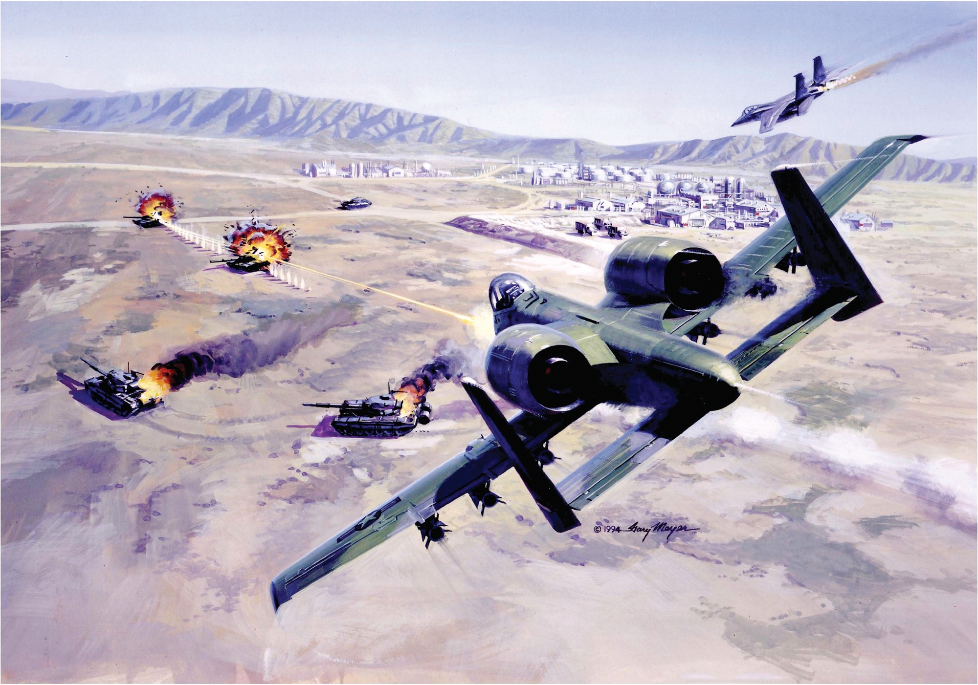General 2000x1402 aircraft war battle air force artwork tank military vehicle military aircraft explosion landscape 1994 (Year) US Air Force F-15 Eagle Fairchild Republic A-10 Thunderbolt II Tankbuster Attacker jets American aircraft military burning fire