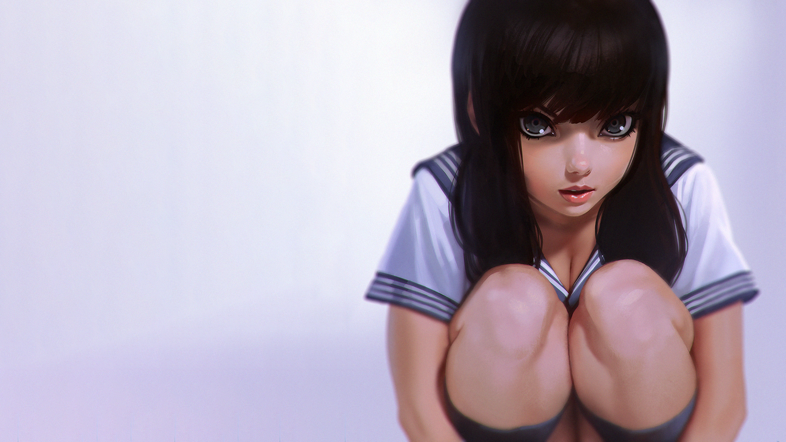 Anime 1600x900 school uniform squatting anime girls brunette original characters anime DeviantArt knees together dark hair looking at viewer simple background white background