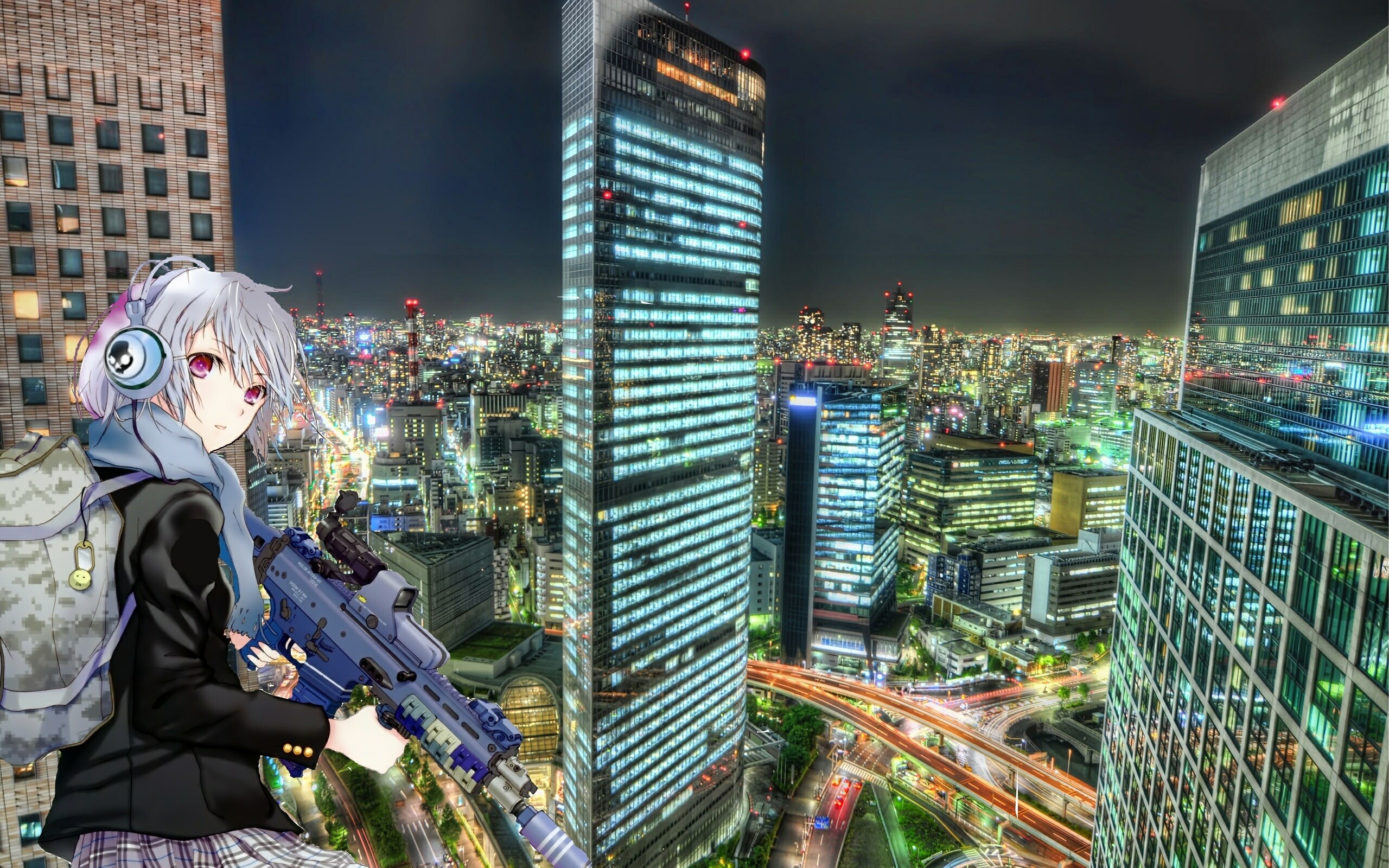Anime 2560x1600 cyberpunk futuristic anime anime girls headphones weapon girls with guns city lights cityscape