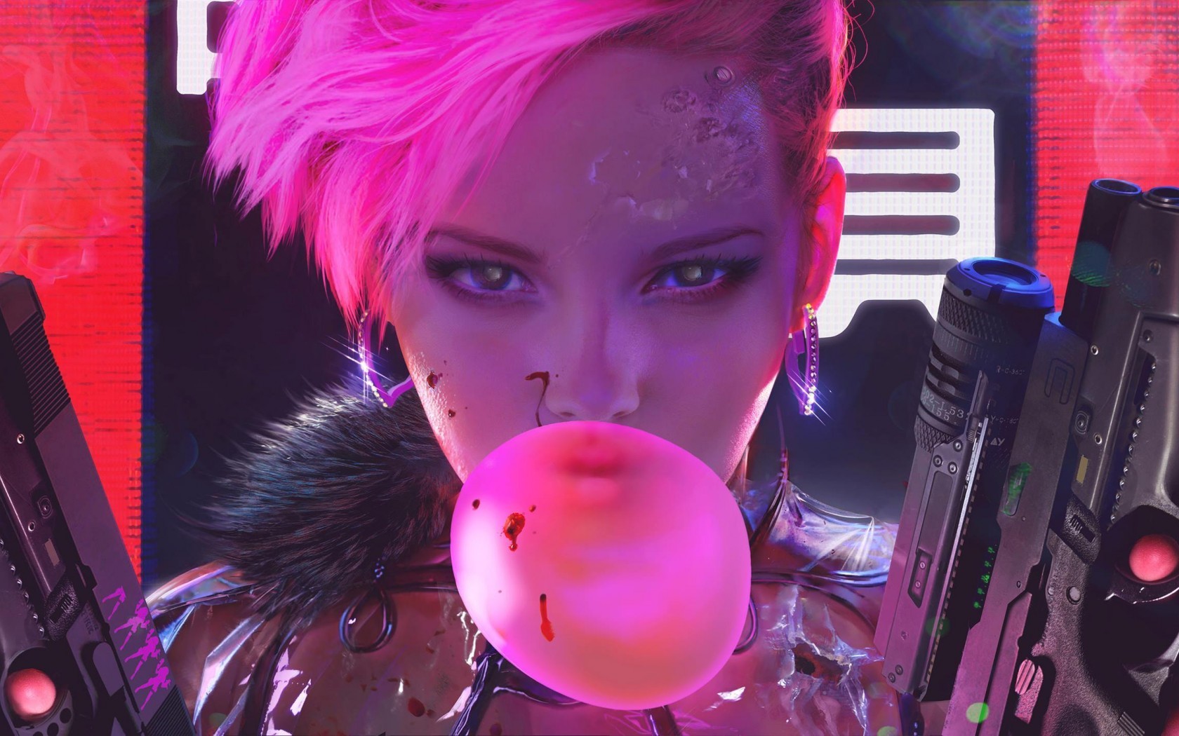 General 1680x1050 cyberpunk futuristic girls with guns science fiction women DeviantArt face pink hair closeup food sweets bubble gum gun weapon short hair looking at viewer
