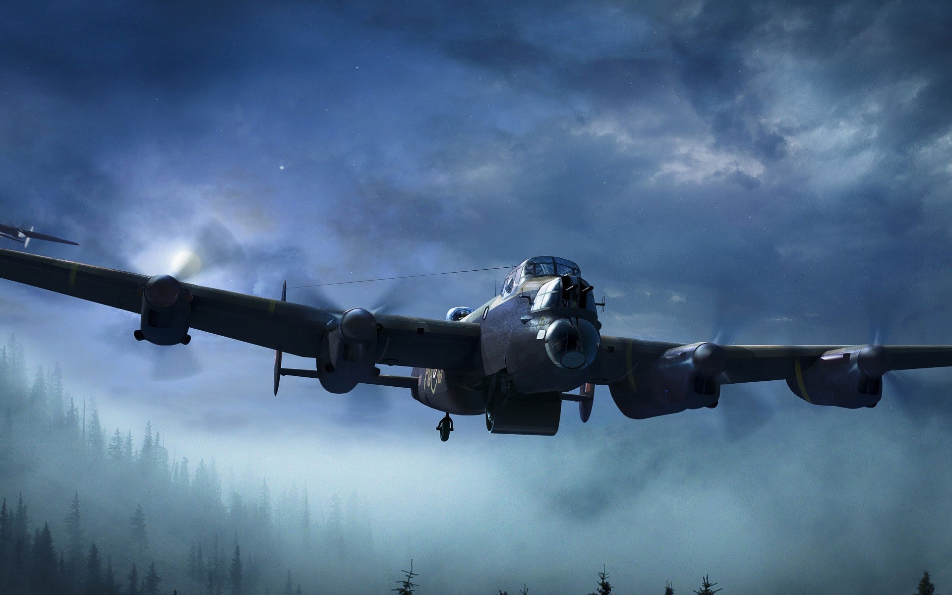 General 1920x1200 aircraft Avro Lancaster military military aircraft Warbird vehicle military vehicle artwork British aircraft Bomber mist sky flying clouds trees forest