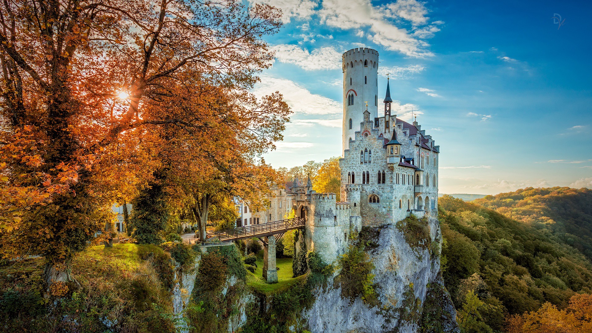 General 1920x1080 landscape HDR nature cliff fall trees sunlight castle architecture building old building tower bridge forest Germany Castle Lichtenstein