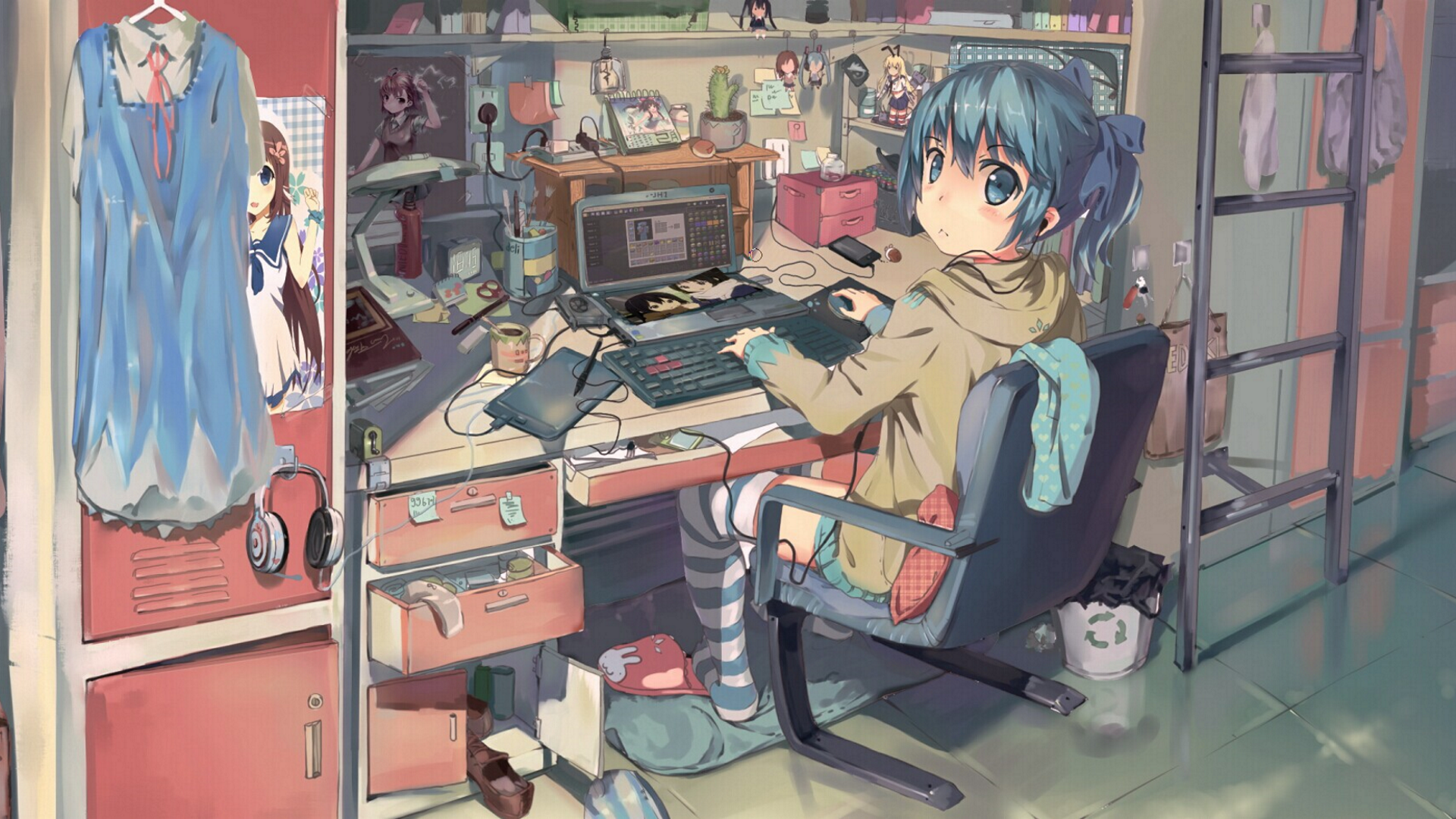Anime 1920x1080 room anime girls original characters crossover anime striped stockings sitting blue eyes keyboards smartphone blue dress blue hair women indoors looking at viewer