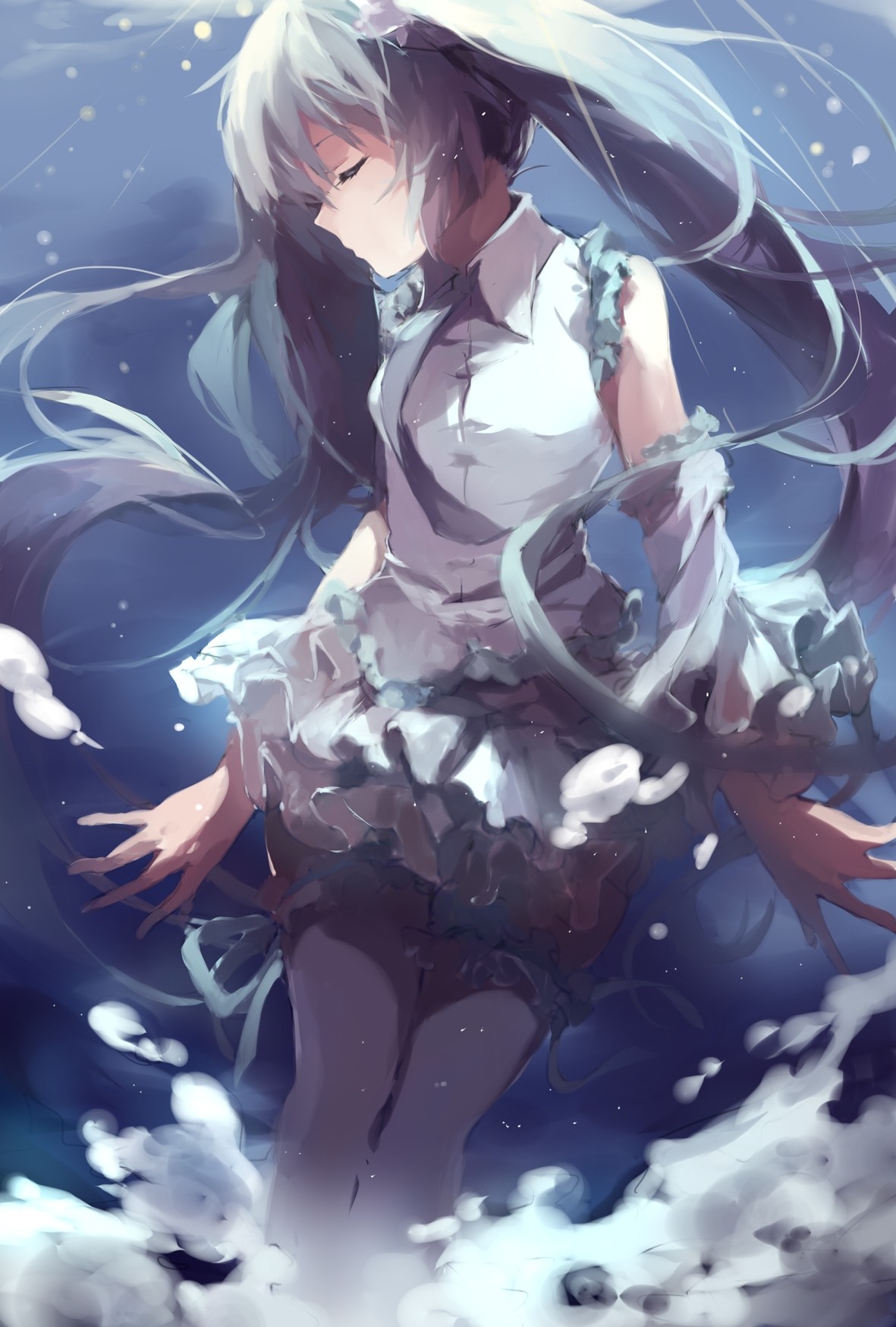 Anime 1181x1748 Vocaloid Hatsune Miku long hair twintails tie skirt thigh-highs ribbon underwater anime girls anime knees together