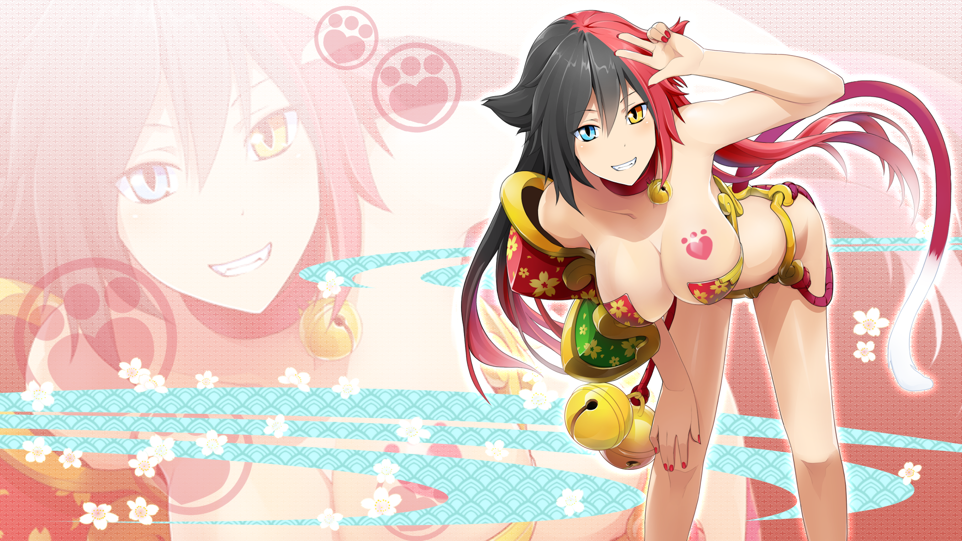 Anime 1920x1080 Onigirl heterochromia tail Ibaraki Douji anime girls anime boobs big boobs hand gesture red nails painted nails looking at viewer smiling