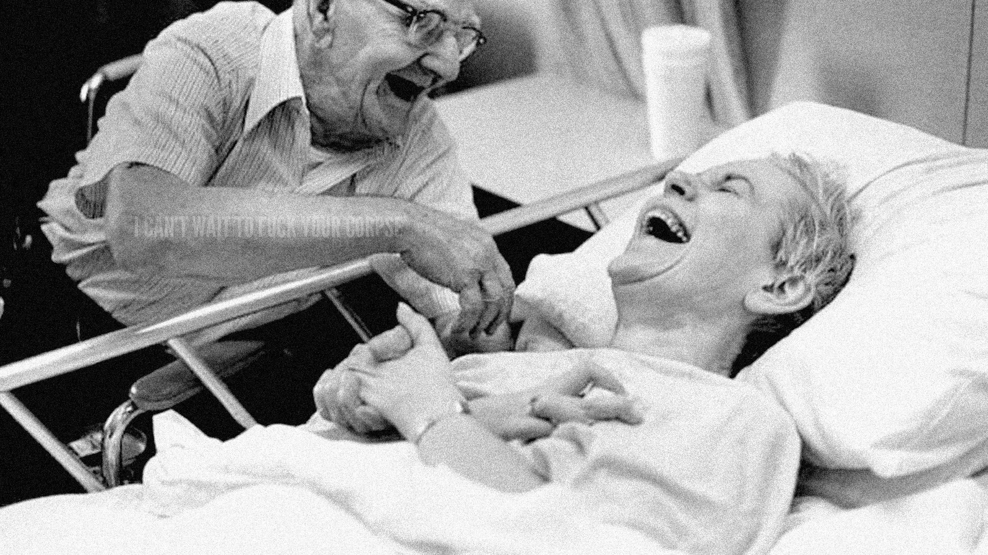 People 1920x1080 hospital old people monochrome laughing happiness men women people in bed dark humor fuckscape typography men with glasses open mouth humor noise fuck
