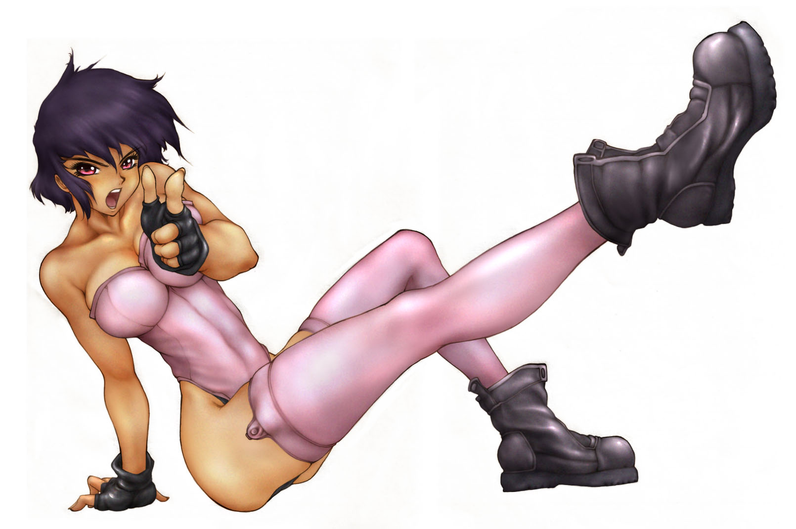 Anime 1610x1070 Ghost in the Shell Kusanagi Motoko Masamune Shirow anime girls big boobs anime legs legs up boots boobs looking at viewer simple background white background
