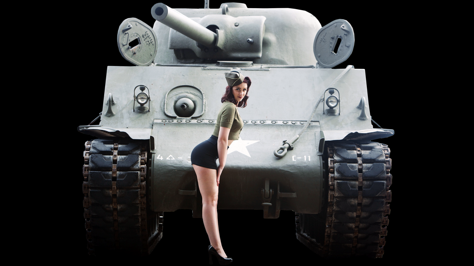 People 1920x1080 M4 Sherman miniskirt crop top redhead costumes women frontal view side view pinup models military vehicle legs hat women with hats looking at viewer simple background black background