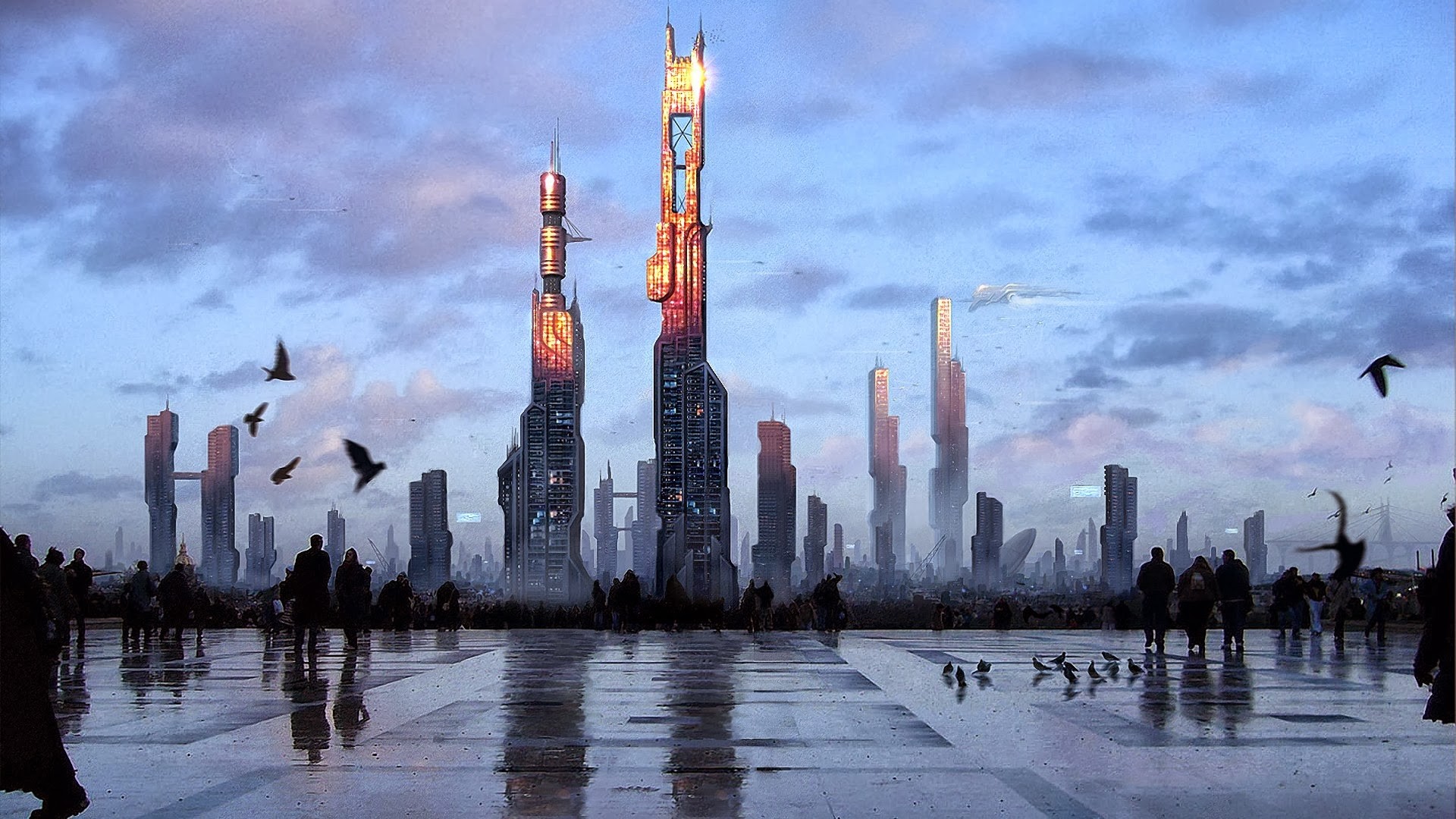 General 1920x1080 digital art cityscape futuristic city city fantasy art futuristic people birds