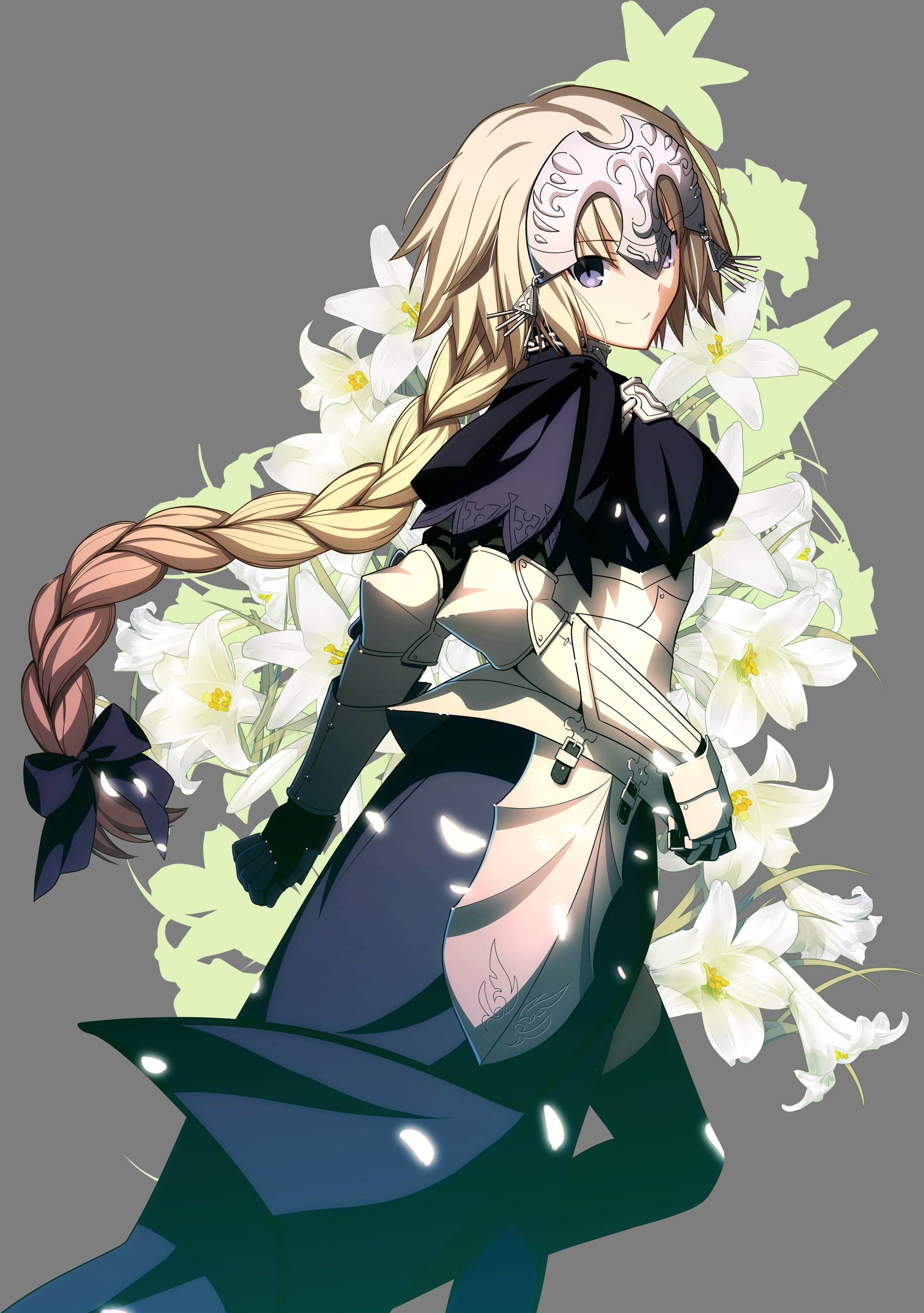 Anime 2463x3500 Type-Moon Takashi Takeuchi anime girls Fate/Apocrypha  Ruler (Fate/Apocrypha) simple background gray background long hair ponytail blonde Jeanne d'Arc (Fate)