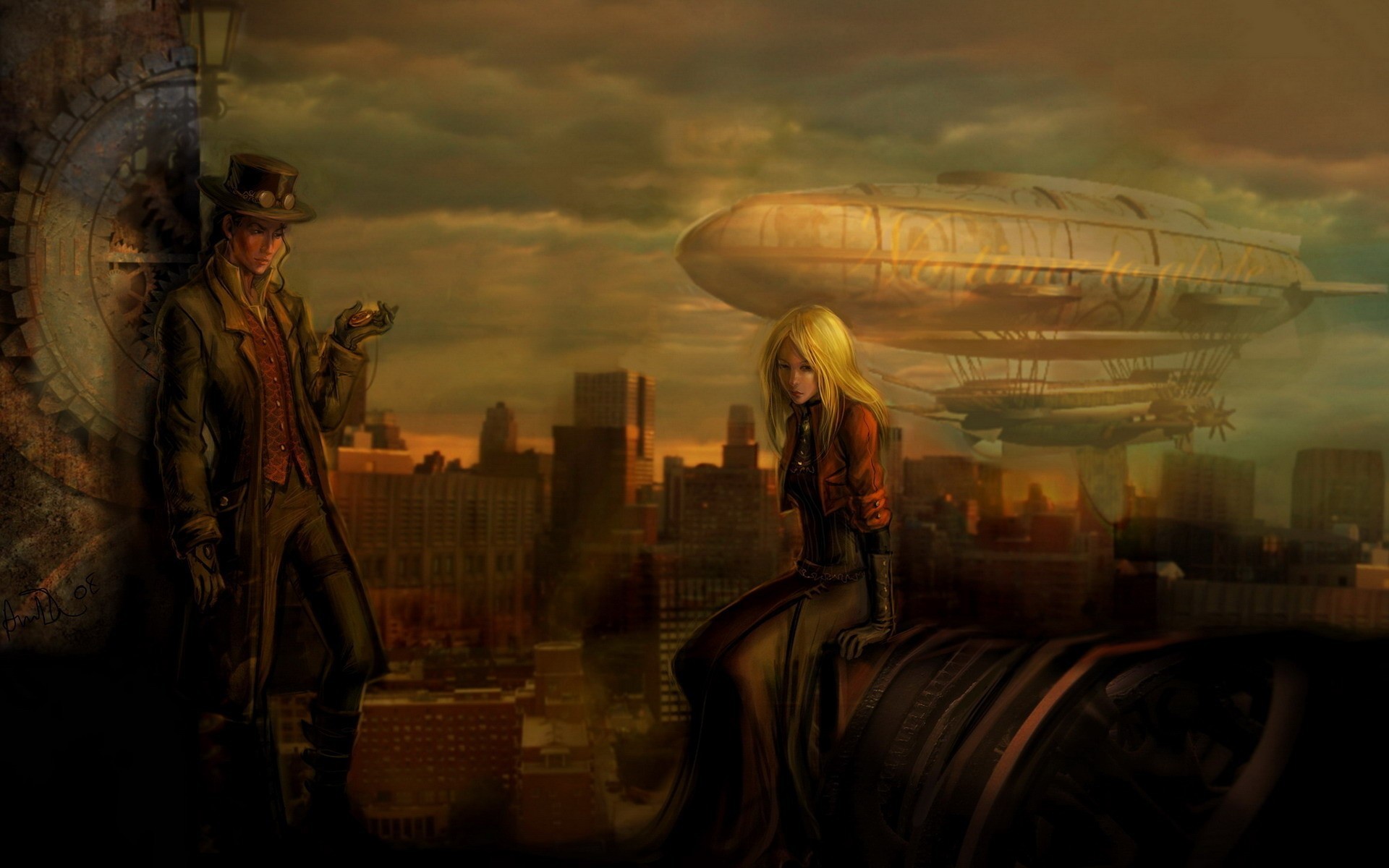 General 1920x1200 steampunk fantasy art airships men women vehicle blonde sitting hat cityscape