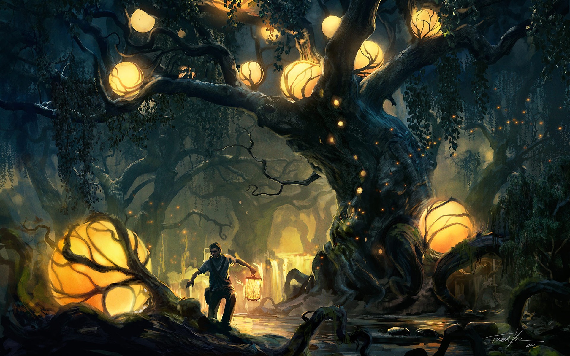 General 1920x1200 fantasy art digital art trees lantern forest men artwork lights plants