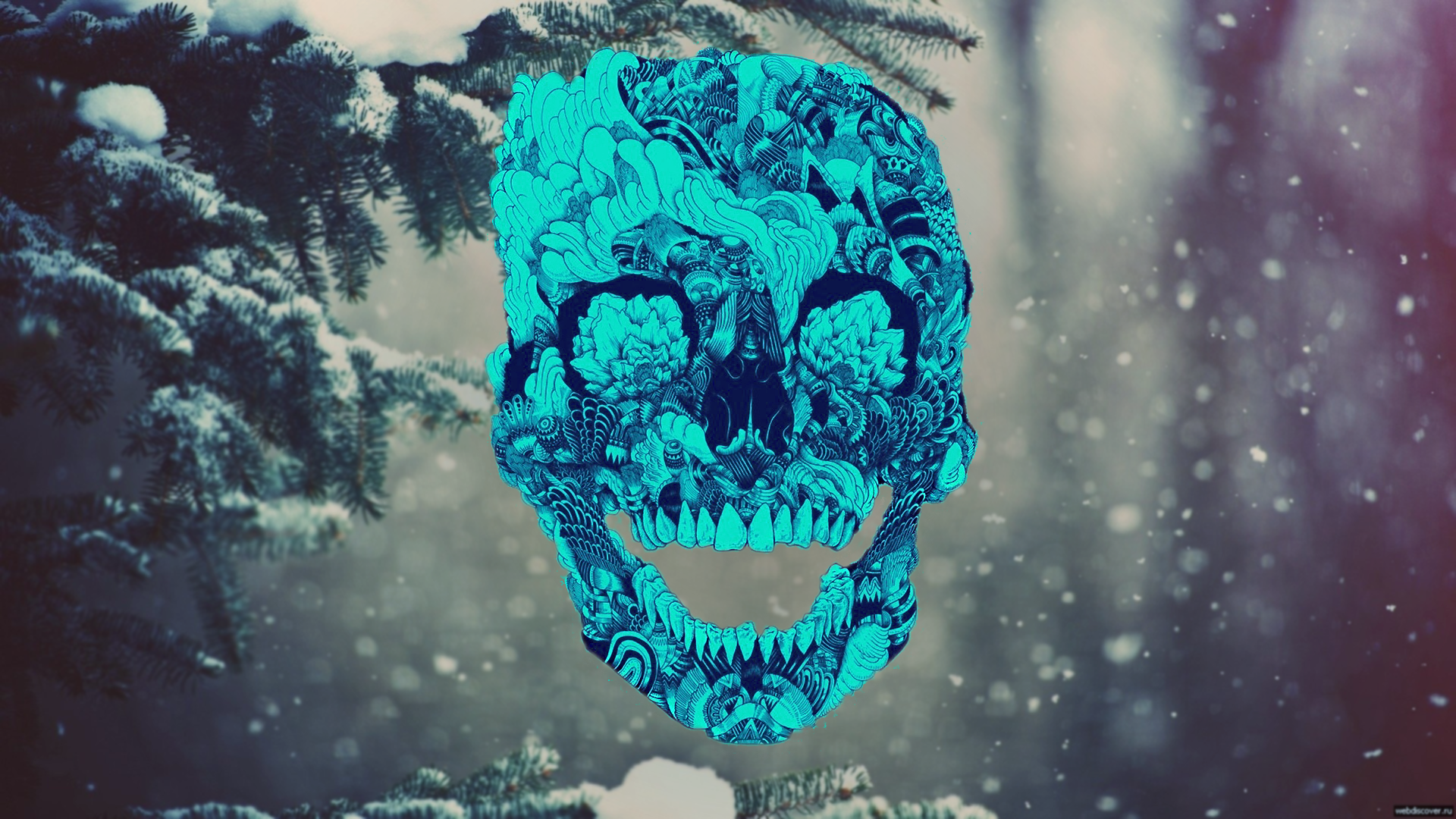 General 1920x1080 skull forest digital art winter snow cyan turquoise snowing