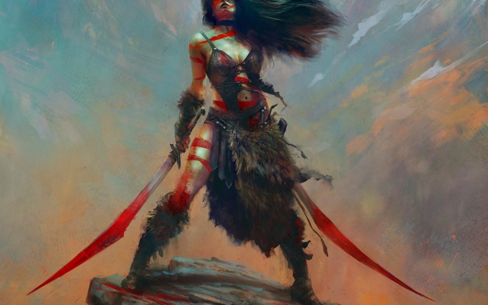 General 1680x1050 sword fantasy art fantasy girl women dark hair long hair women with swords standing Maciej Kuciara