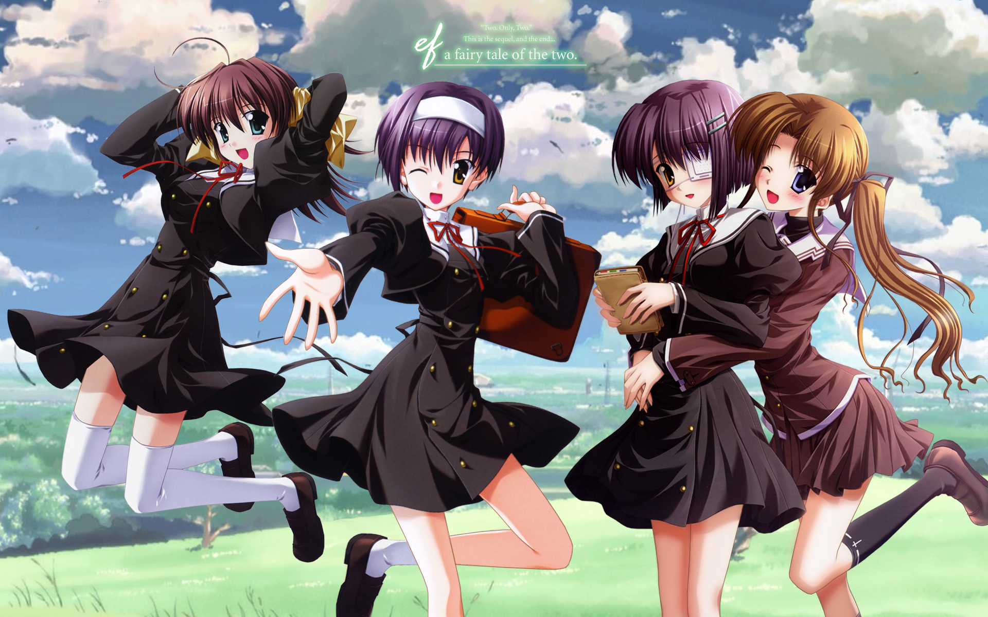 Anime 1920x1200 anime girls anime group of women looking at viewer legs one eye closed eyepatches purple hair brunette