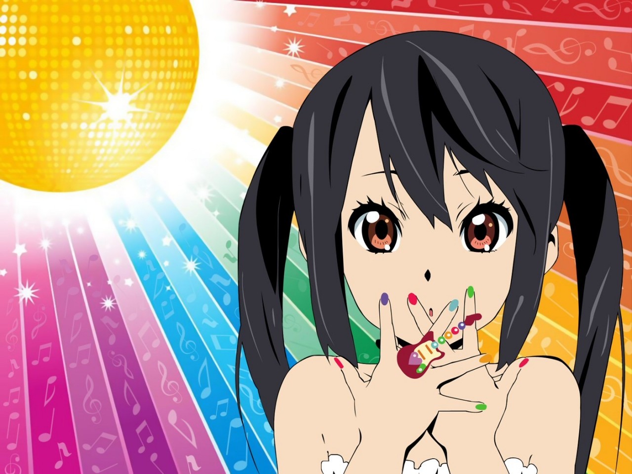 Anime 1280x960 anime girls painted nails anime K-ON! Nakano Azusa dark hair red eyes colorful