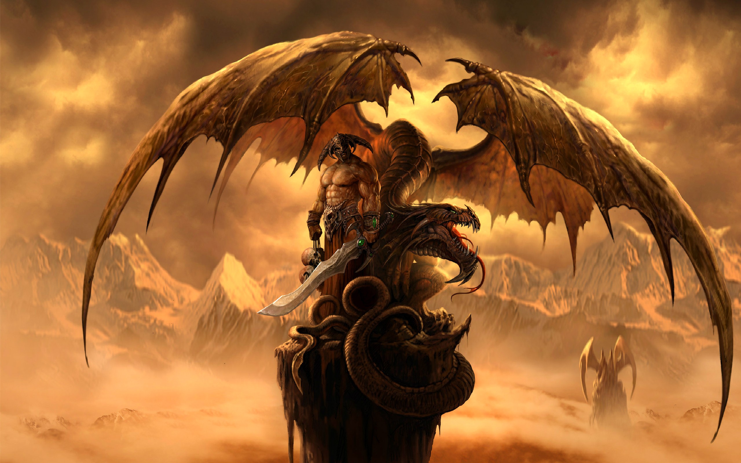 General 2560x1600 fantasy art dragon fantasy men creature sword weapon muscular wings landscape standing helmet muscles skull