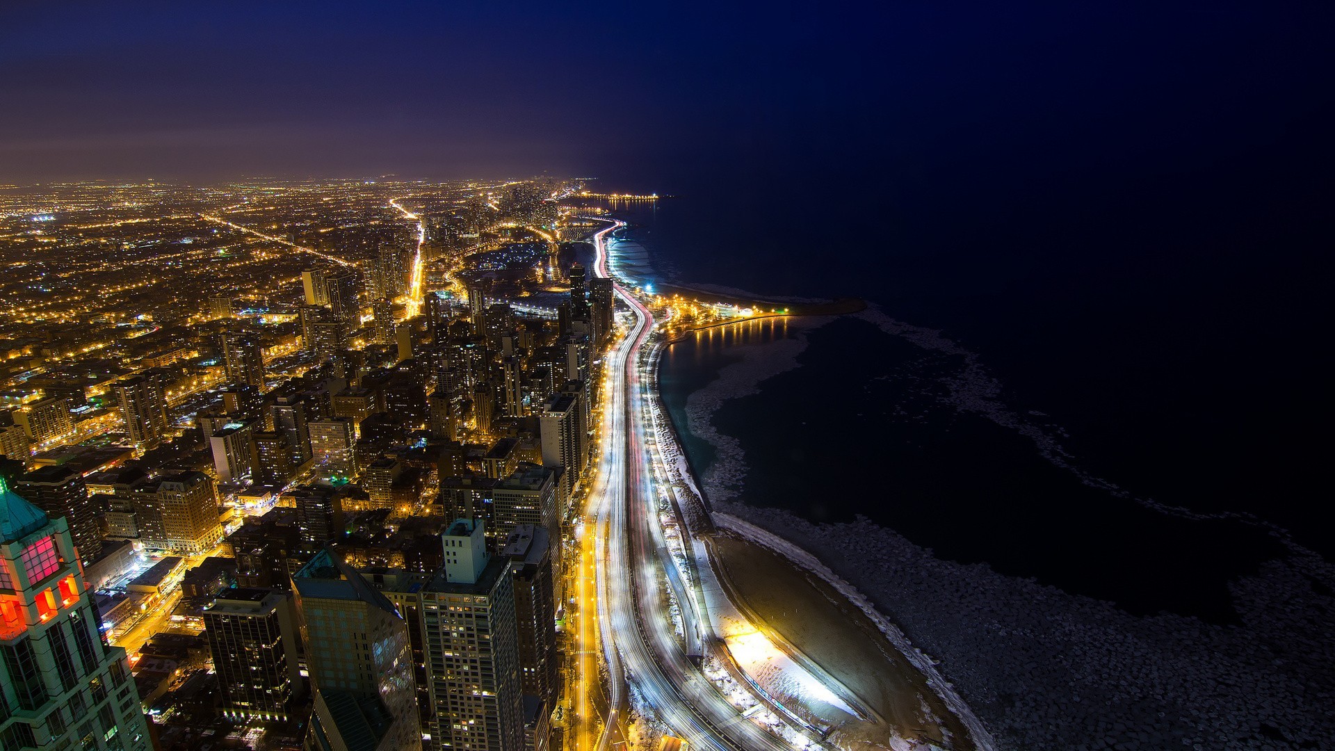 General 1920x1080 city cityscape aerial view city lights coast Chicago light trails USA Lake Shore Drive night