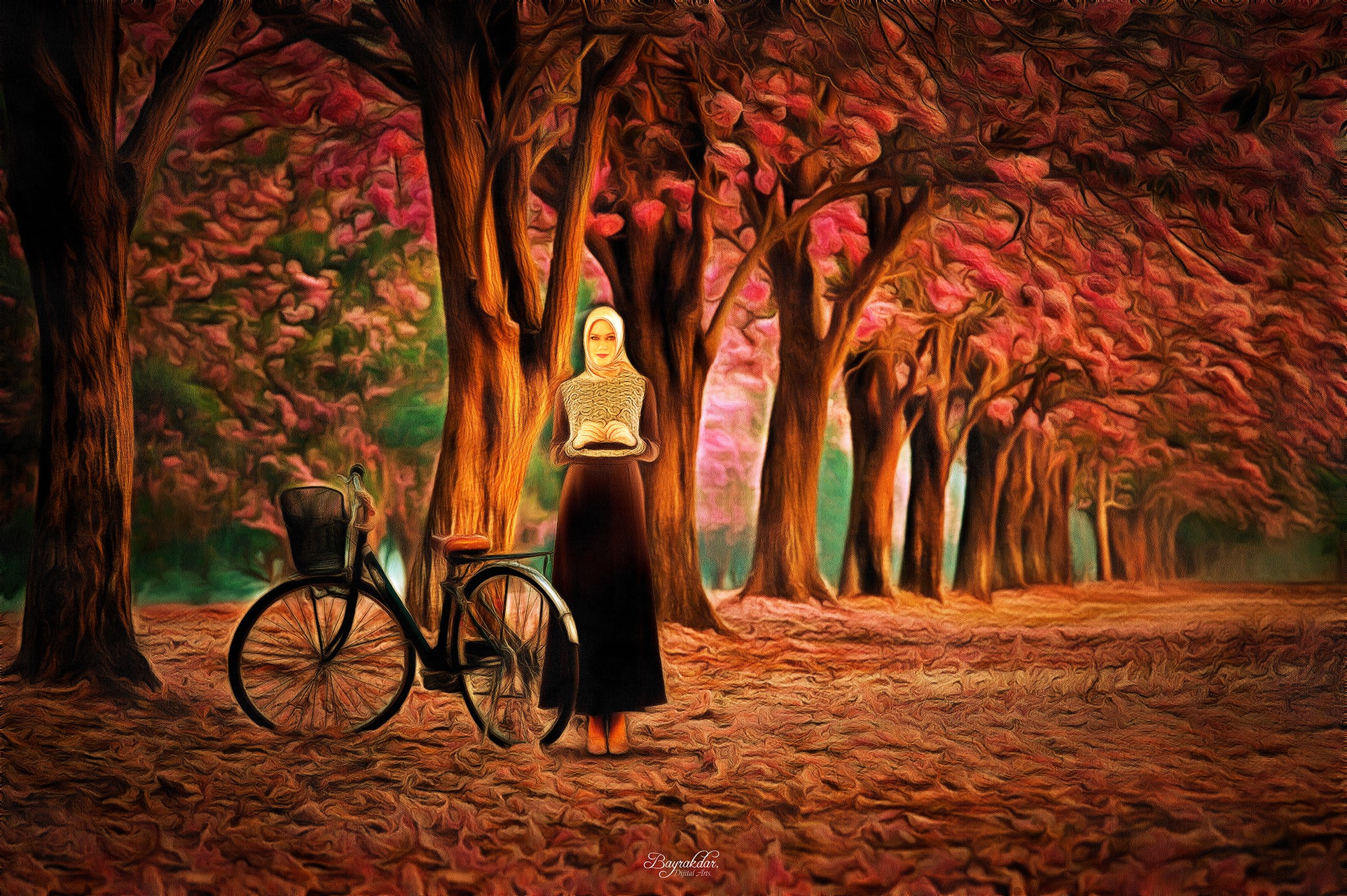 General 2087x1388 artwork bicycle vehicle women trees women outdoors fall leaves fallen leaves women with bicycles standing park