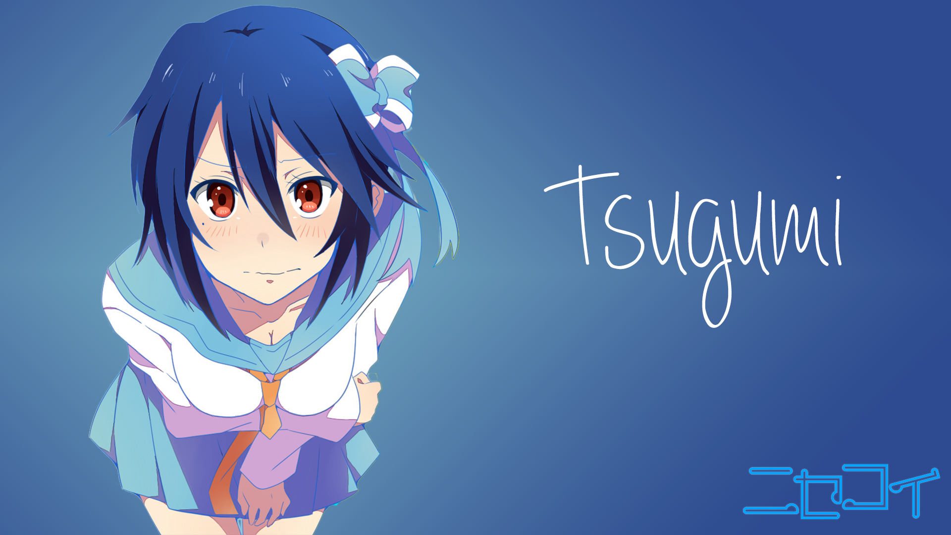 Anime 1920x1080 anime Nisekoi Tsugumi Seishirou red eyes anime girls blue hair school uniform looking at viewer bent over blue background gradient simple background