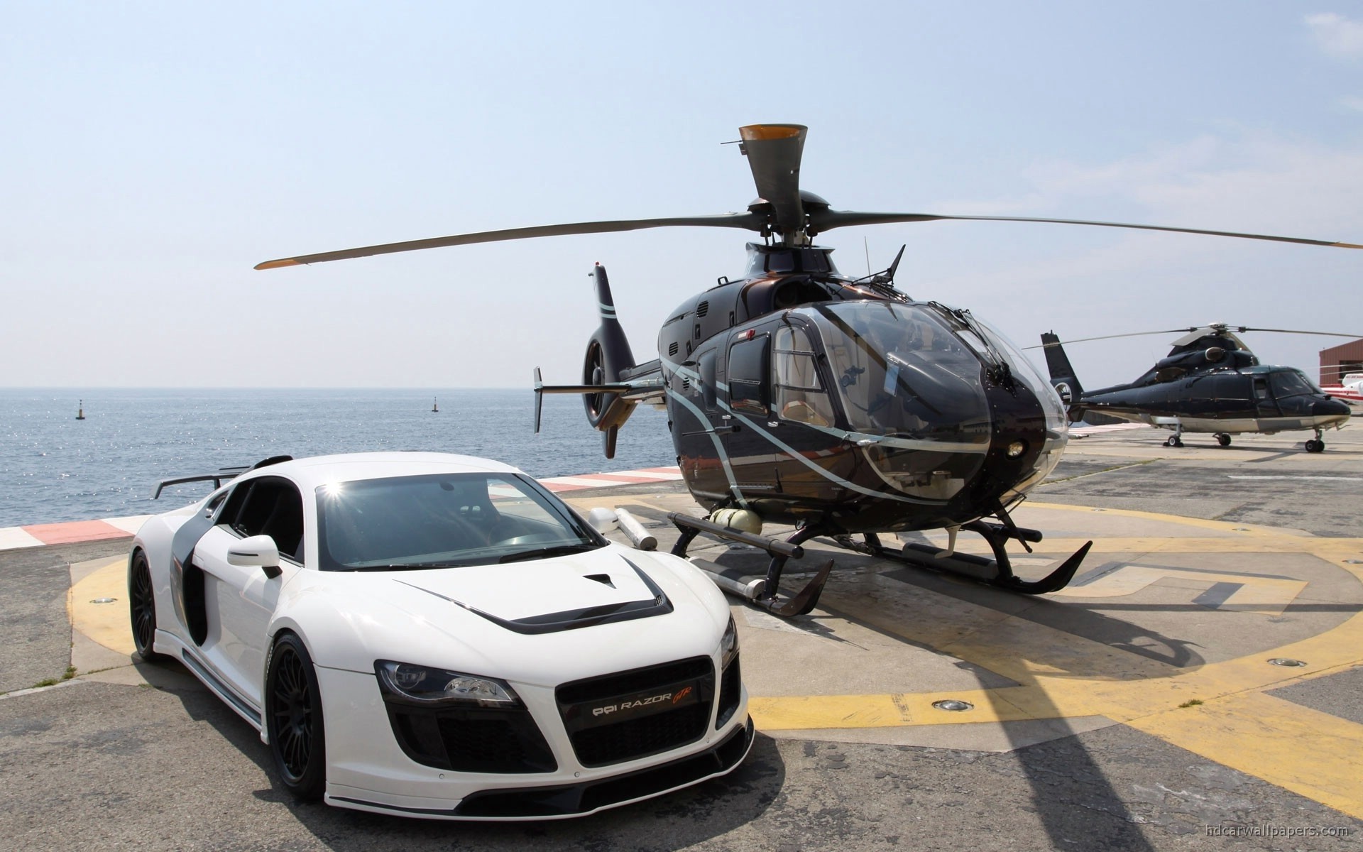General 1920x1200 car helicopters white cars vehicle aircraft bodykit Audi R8 Eurocopter EC135 landing pad