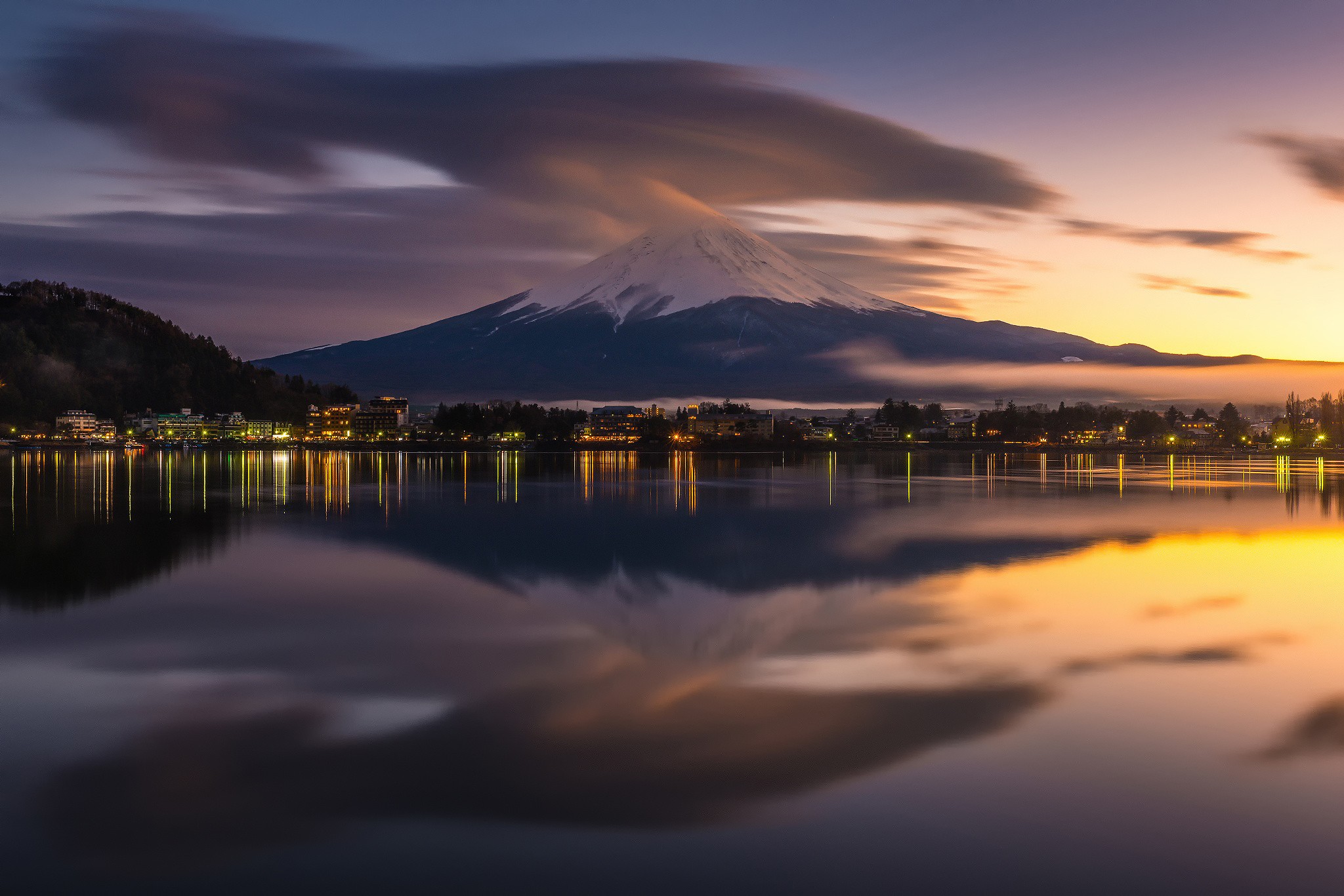 General 2048x1367 photography Mount Fuji sunset Japan calm Asia volcano sunlight reflection lights city lights