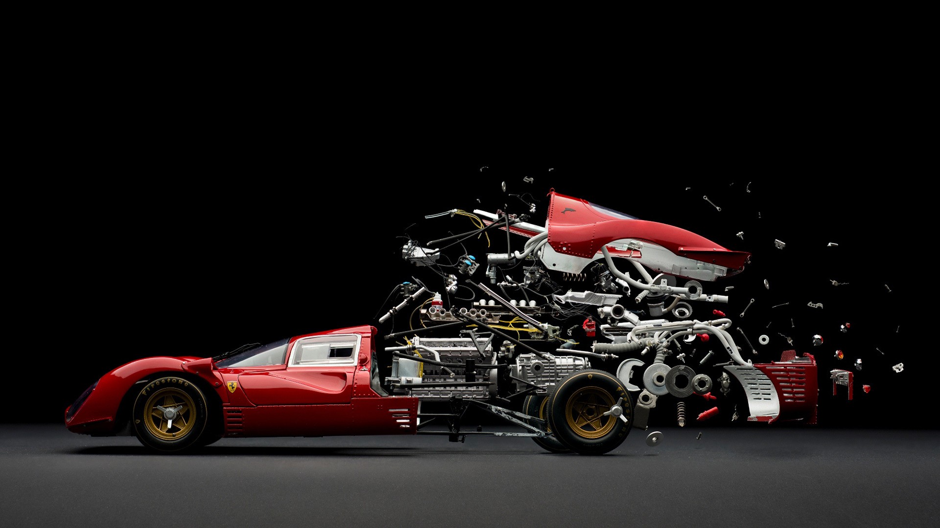 General 1920x1080 sports car Ferrari photo manipulation engine gears motors pipes brakes black background abstract car parts mechanics exploded-view diagram Composite car parts vehicle digital art red cars