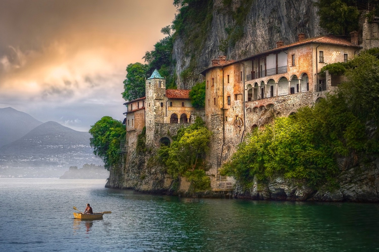 General 1500x1000 Italy Hermitage cliff clouds mountains boat trees water landscape nature